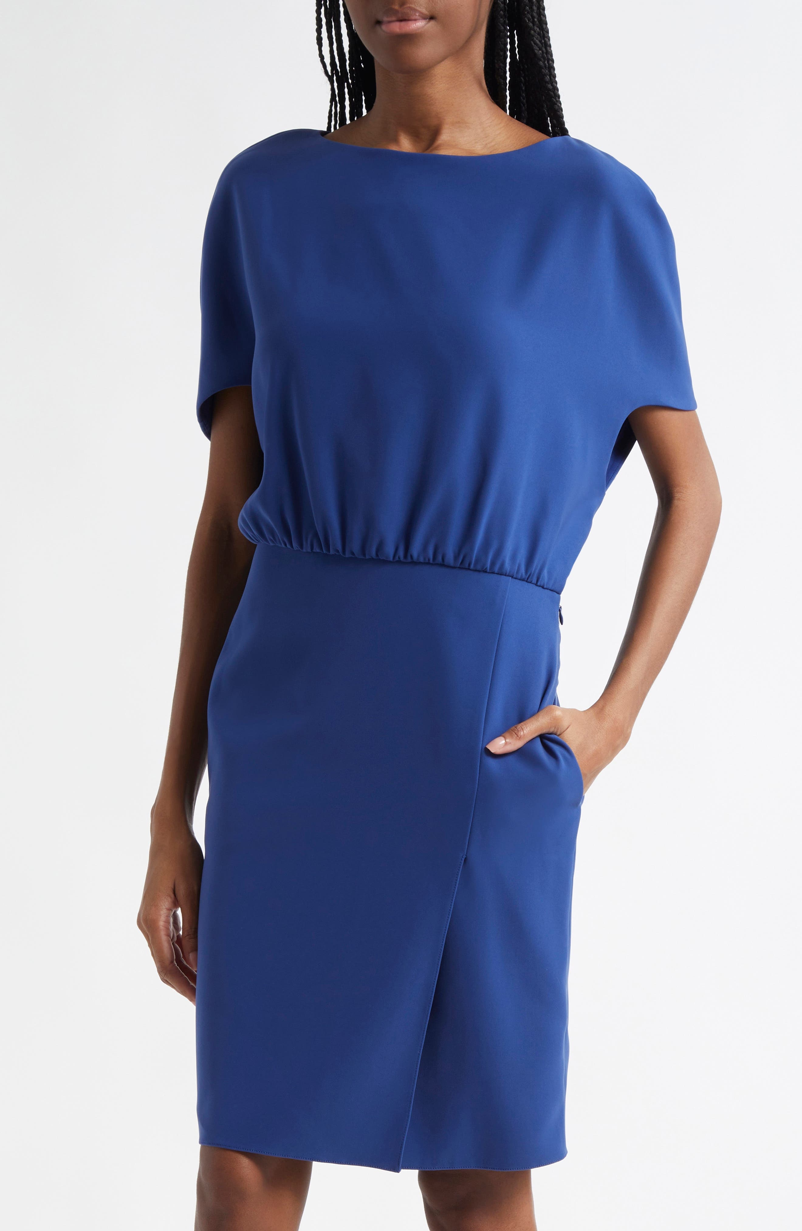 Emporio Armani Cady Cape Sleeve Dress in Cobalt Blue at Nordstrom - 4