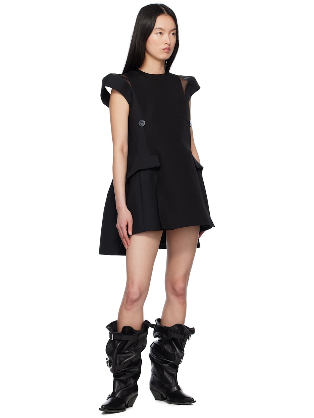 VIP【関税送料無料】希少 SACAI BLACK MINI DRESS Black Poplin & Knit Minidress by sacai on Sale