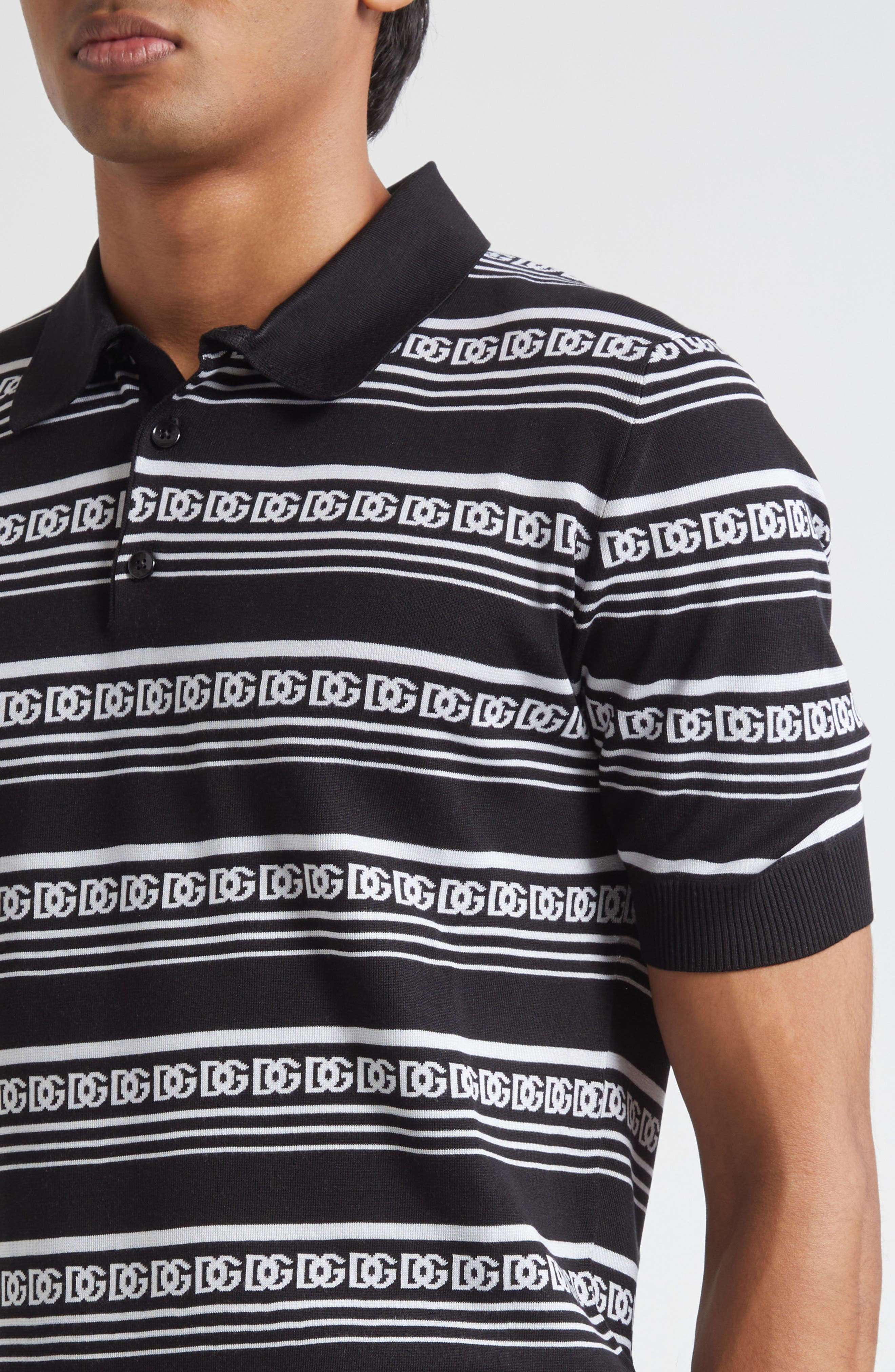 Dolce&Gabbana Logo Stripe Jacquard Silk Polo Sweater in N0004 Nero/Bianco at Nordstrom - 5