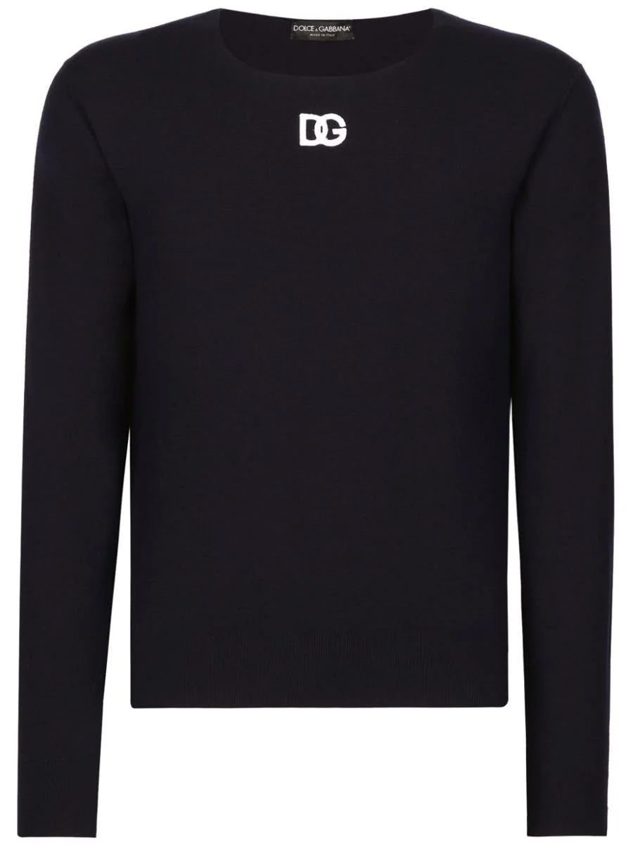 DOLCE & GABBANA BLUE CREWNECK SWEATER WITH TONAL LOGO EMBROIDERY IN WOOL MAN - 1