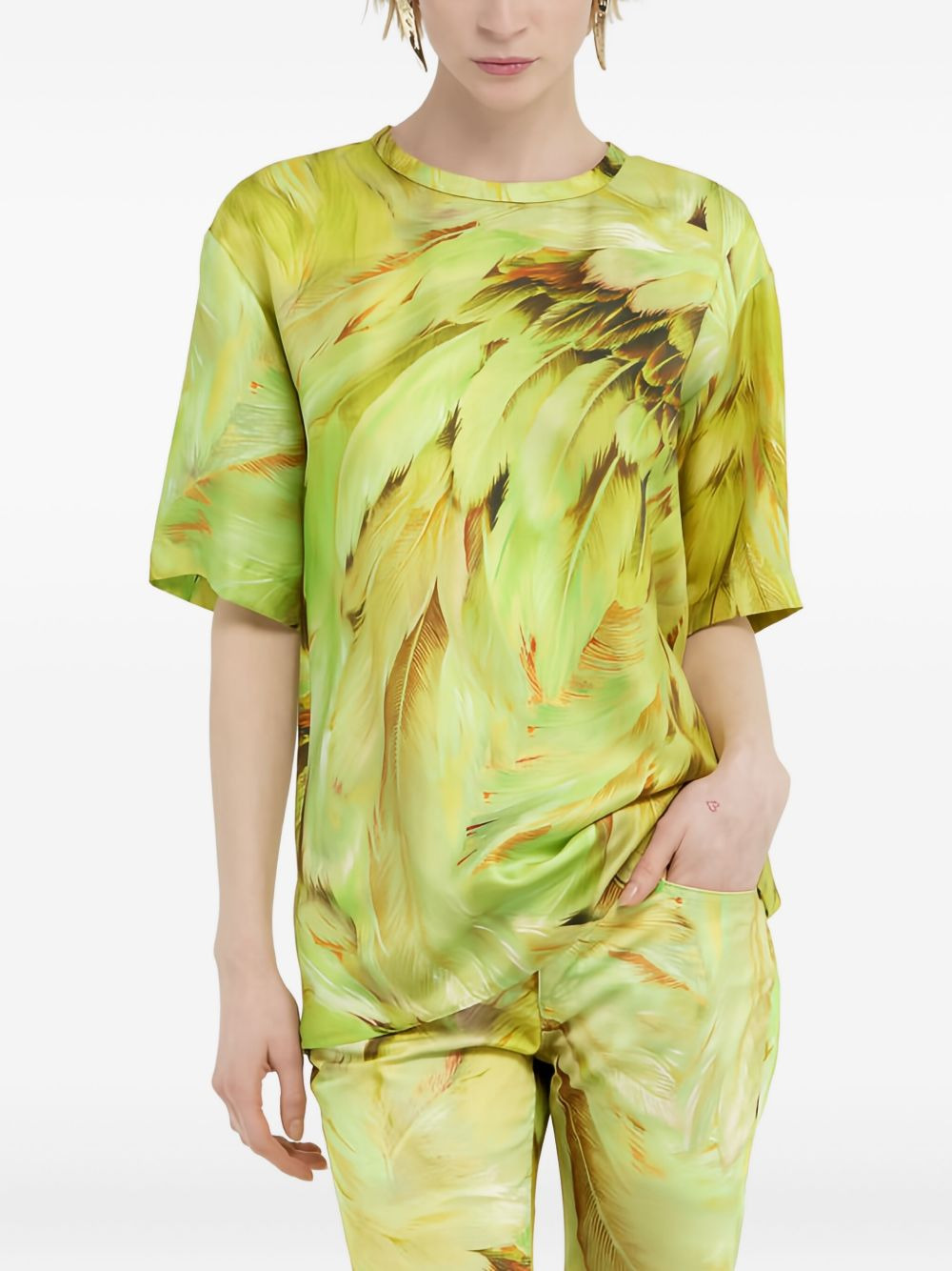 feather-print silk T-shirt - 2