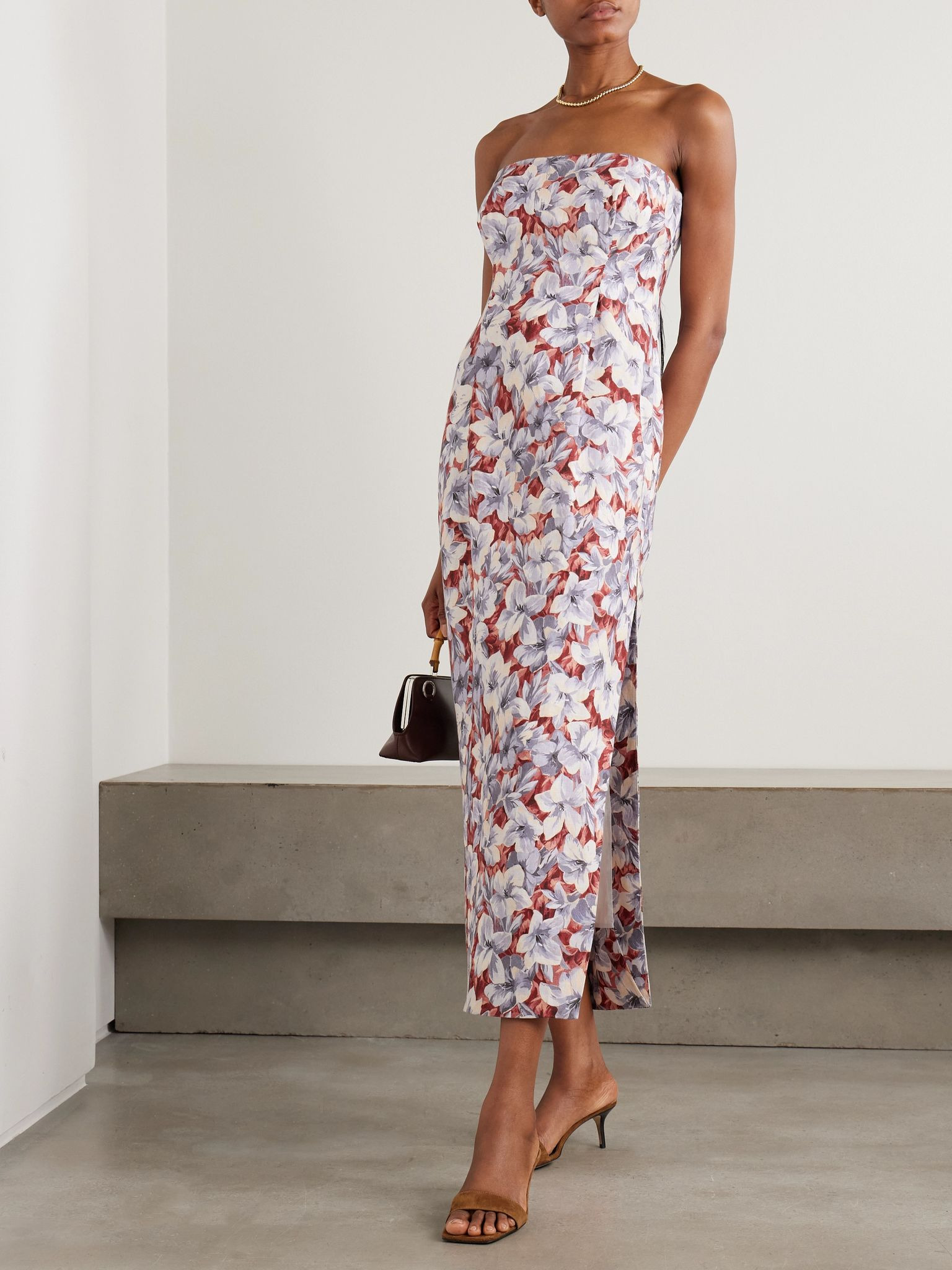 Rosalie strapless pleated floral-print linen midi dress Multi - 2