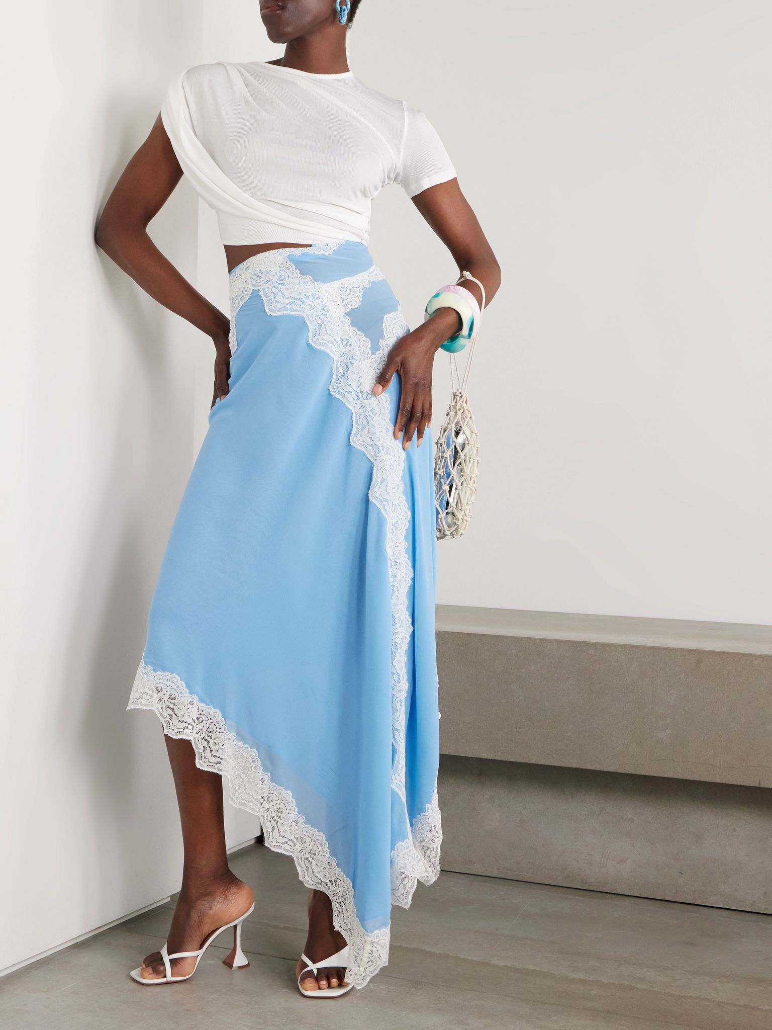 Verve asymmetric lace-trimmed silk-georgette and ribbed jersey dress Blue - 2