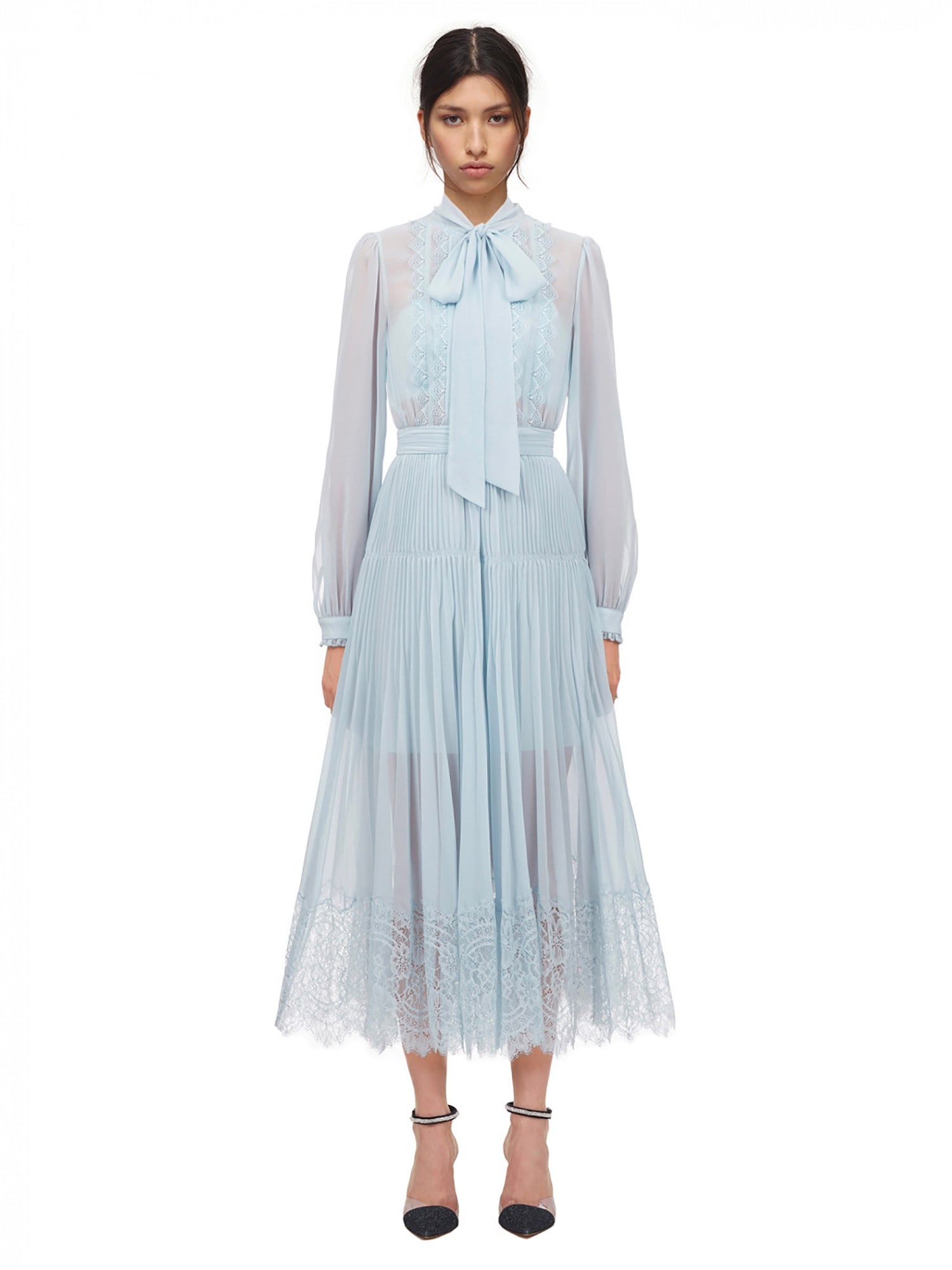 self portrait pale blue dress Baby Blue Fine Lace Midi Dress – self-portrait main image 0
