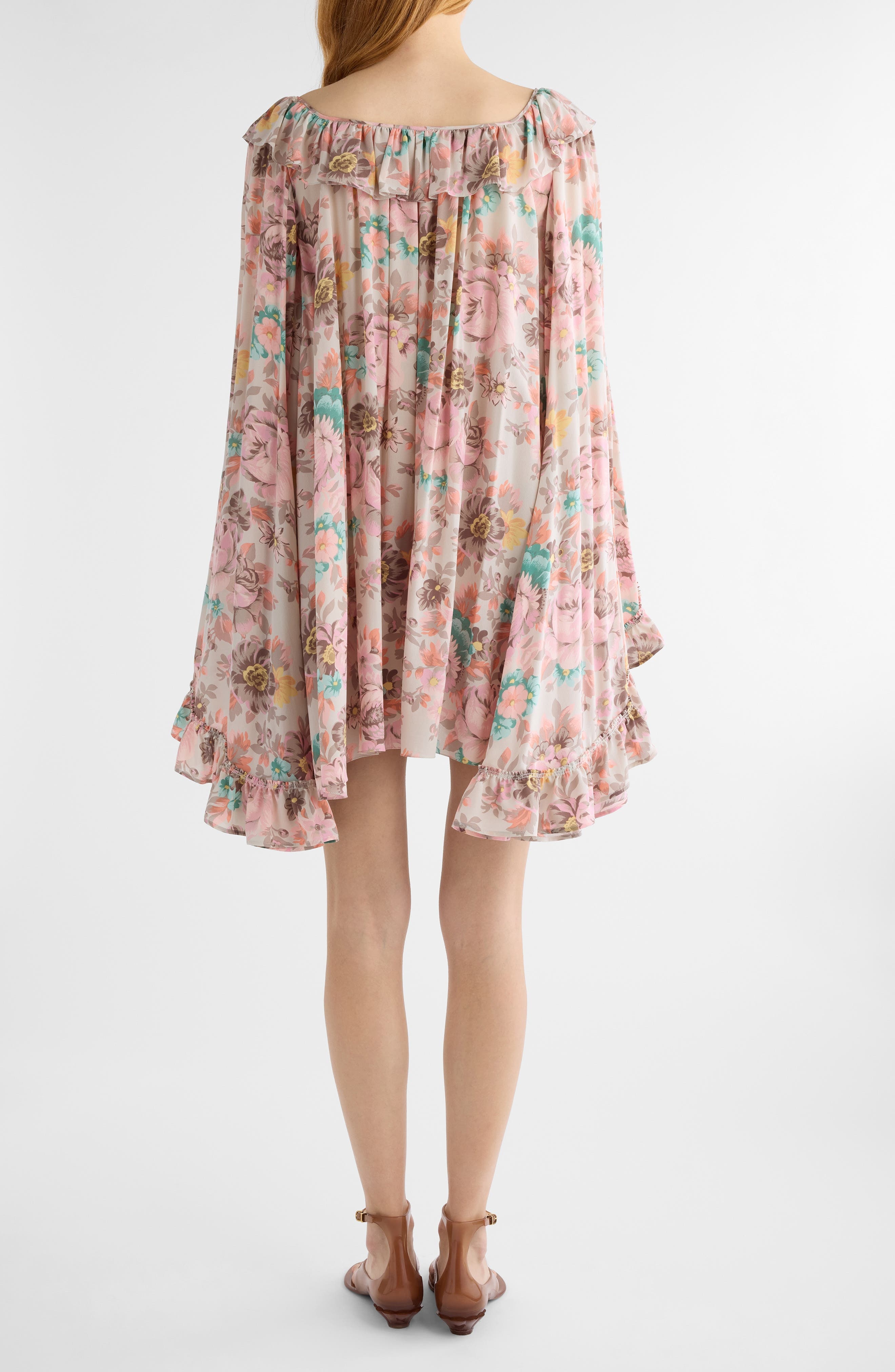 Chloé Bouquet Print Long Sleeve Silk Crêpe de Chine Minidress in Muddy Grey at Nordstrom - 2