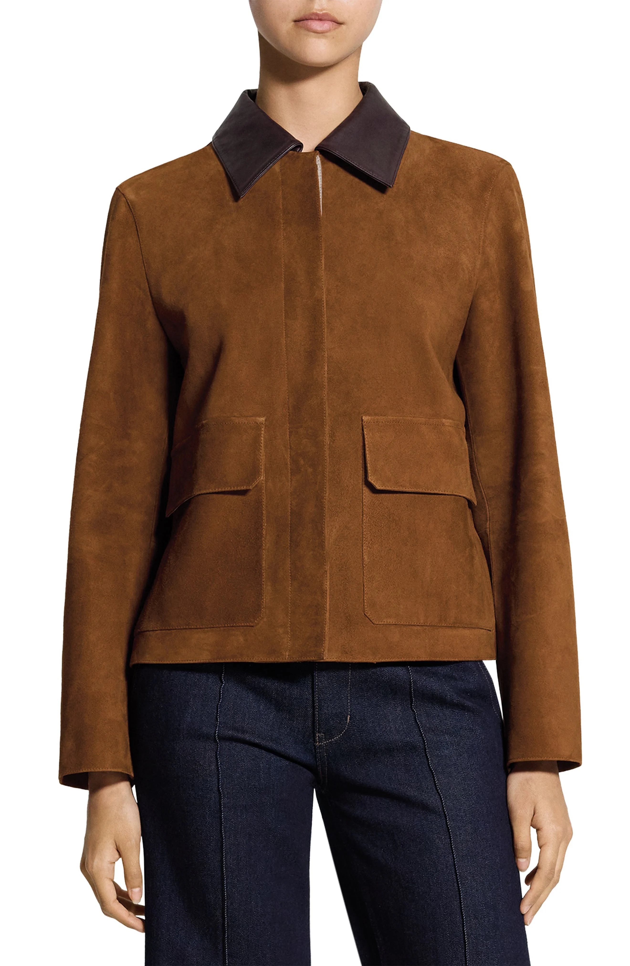 Theory Boxy Suede & Leather Jacket in Tan - 1