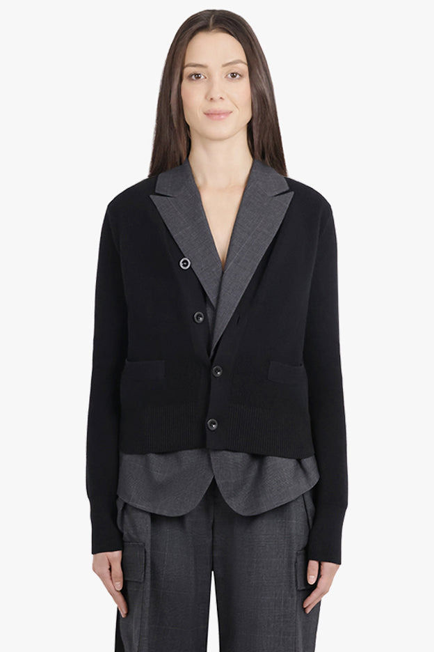GLEN CHECK PRINT JACKET WITH KNIT CARDIGAN OVERLAY | BLACK/GREY - 3