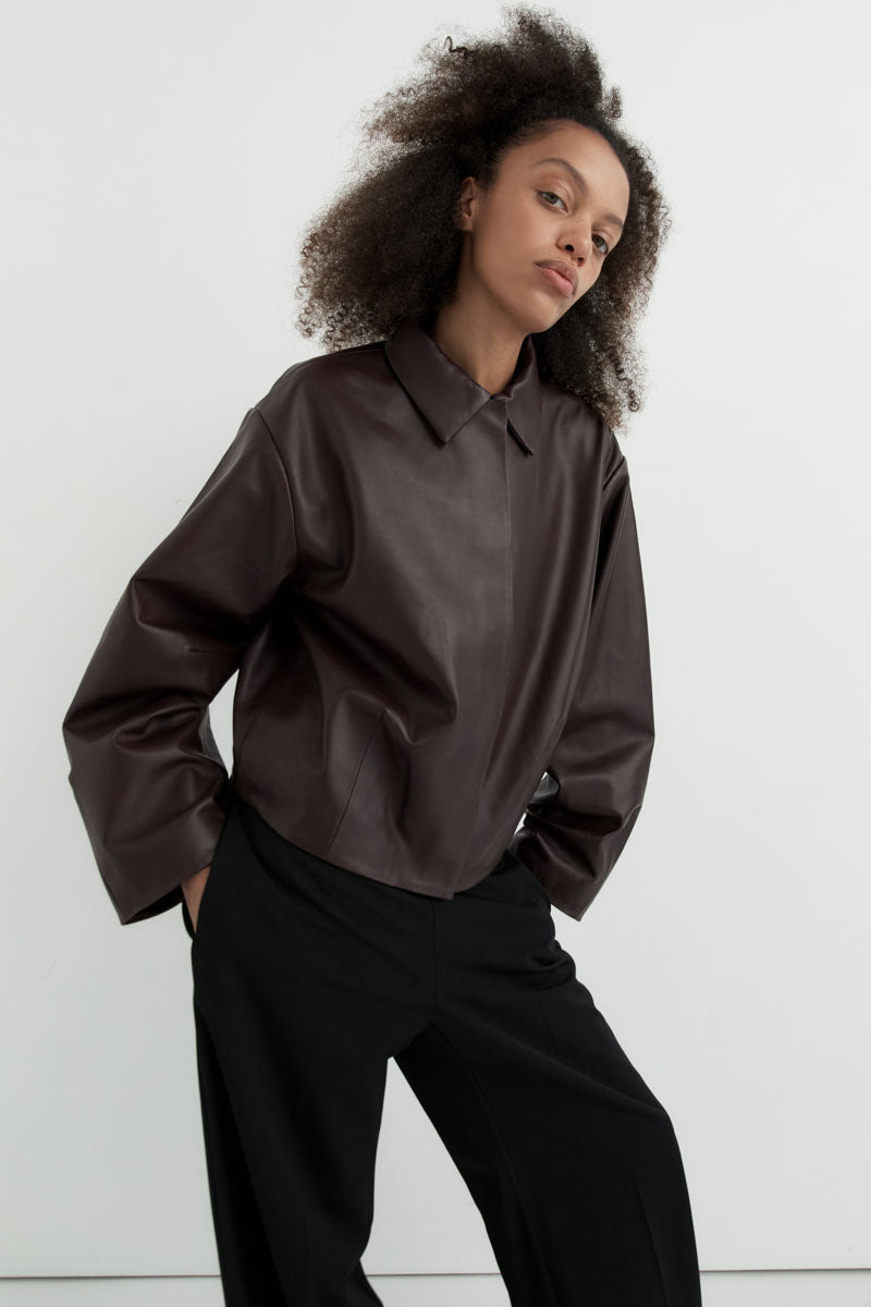 Cocoon Leather Jacket - Chocolate - 8