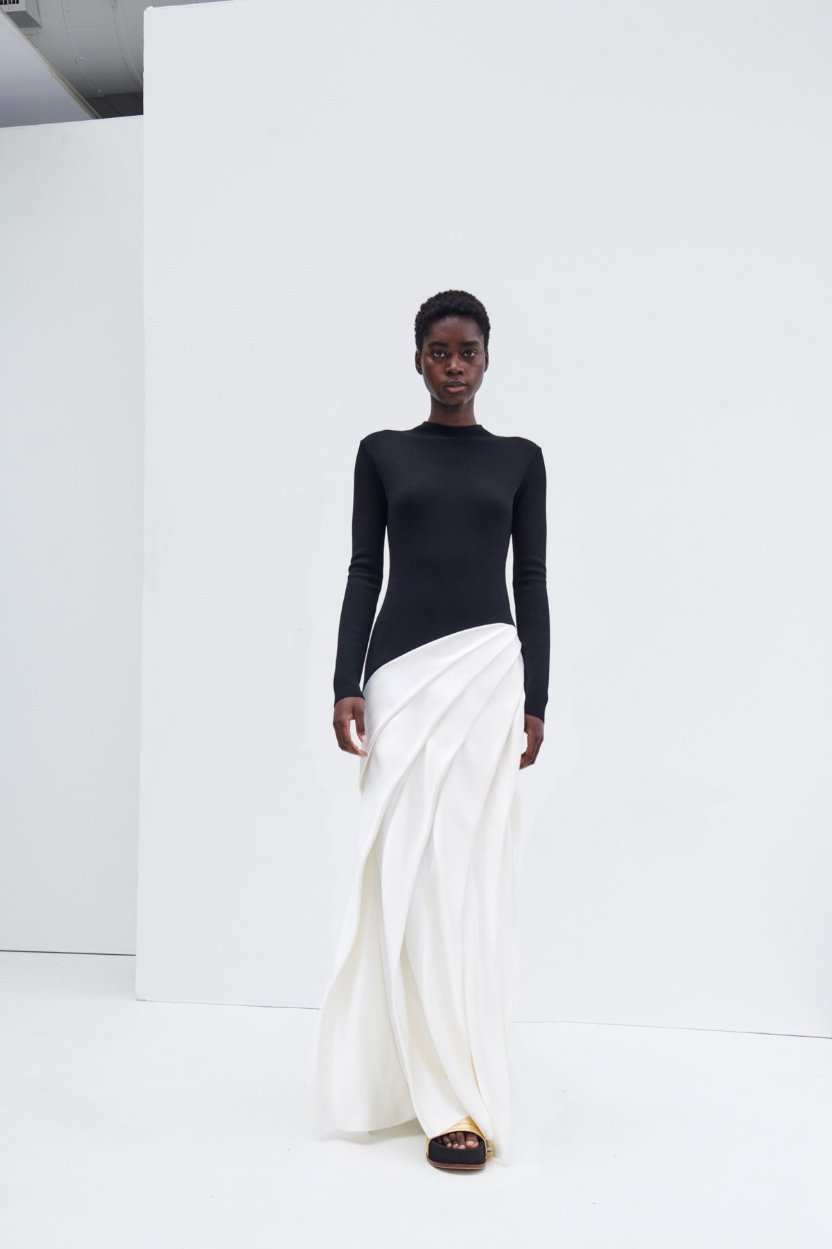 Ismay Pleated Dress in Black & Ivory Double Satin - 2