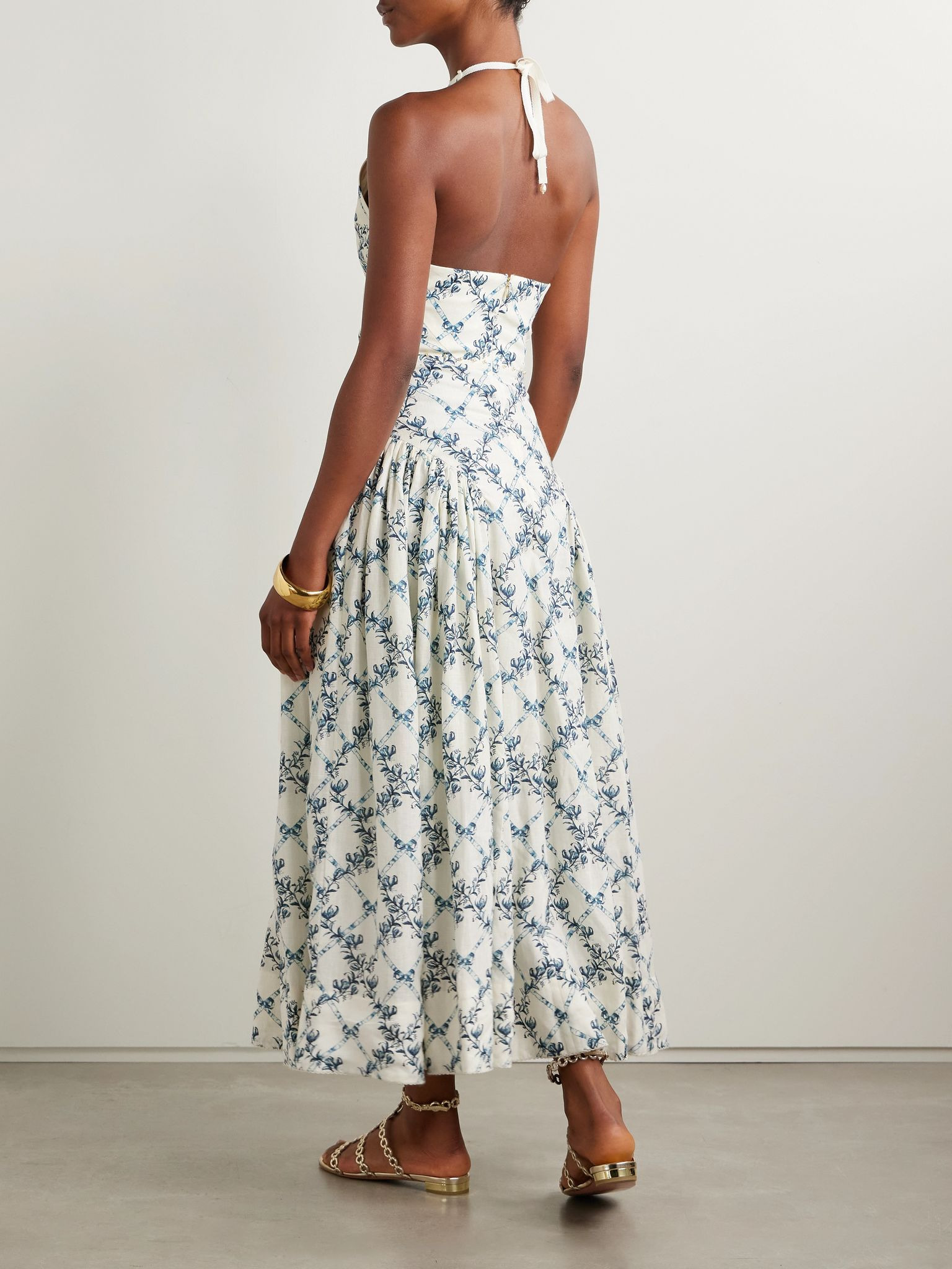 Balsa faux pearl-embellished printed linen halterneck midi dress Off-white - 3