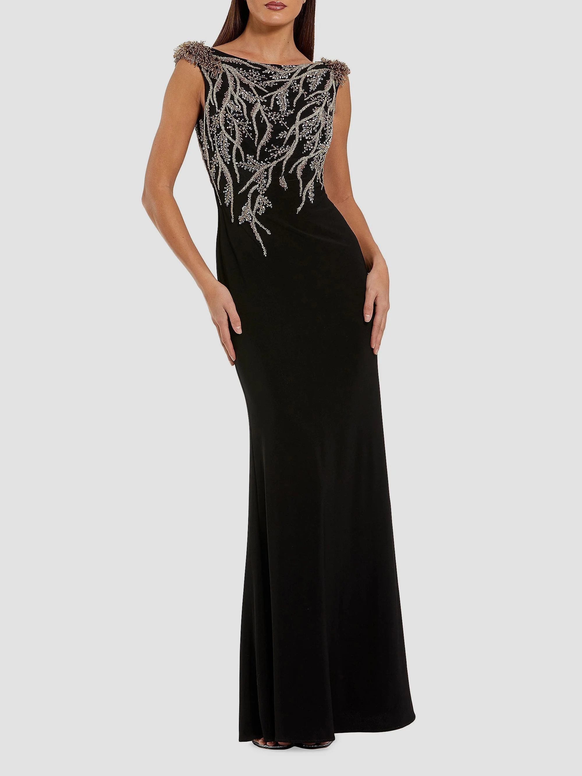 Women's Branch-Embellished Jersey Column Gown - Black - 1