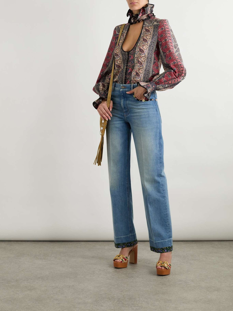 Valentino Ruffled cutout satin-trimmed metallic printed cotton-blend blouse Red outlook