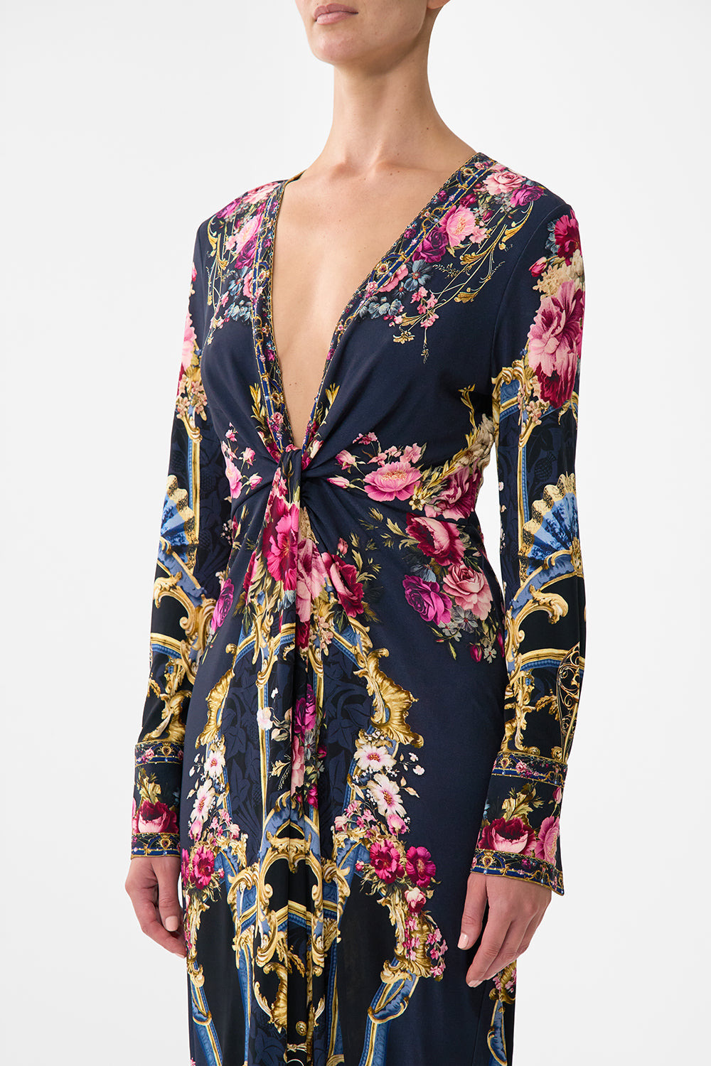 LONG V NECK TWIST FRONT JERSEY DRESS - 5