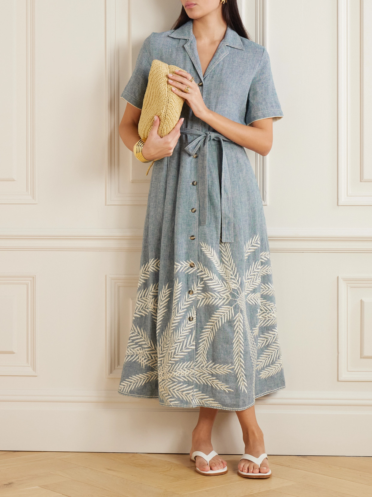 Claudia Palm Belted Embroidered Ramie And Linen-blend Midi Dress - 2