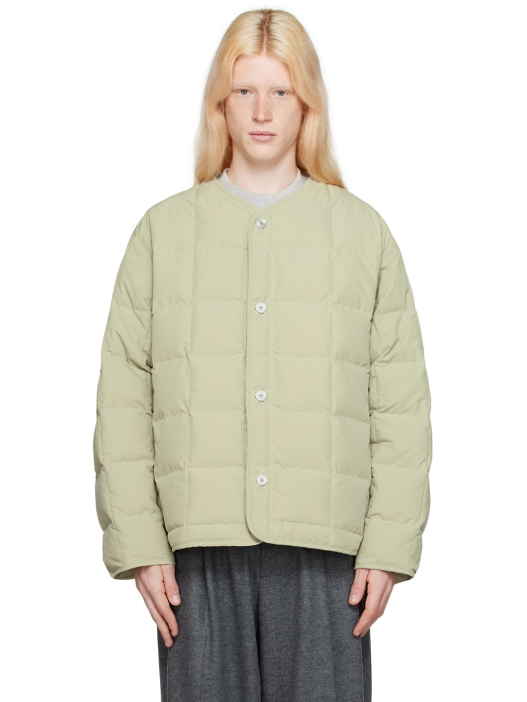 Green Collarless Down Jacket - 1