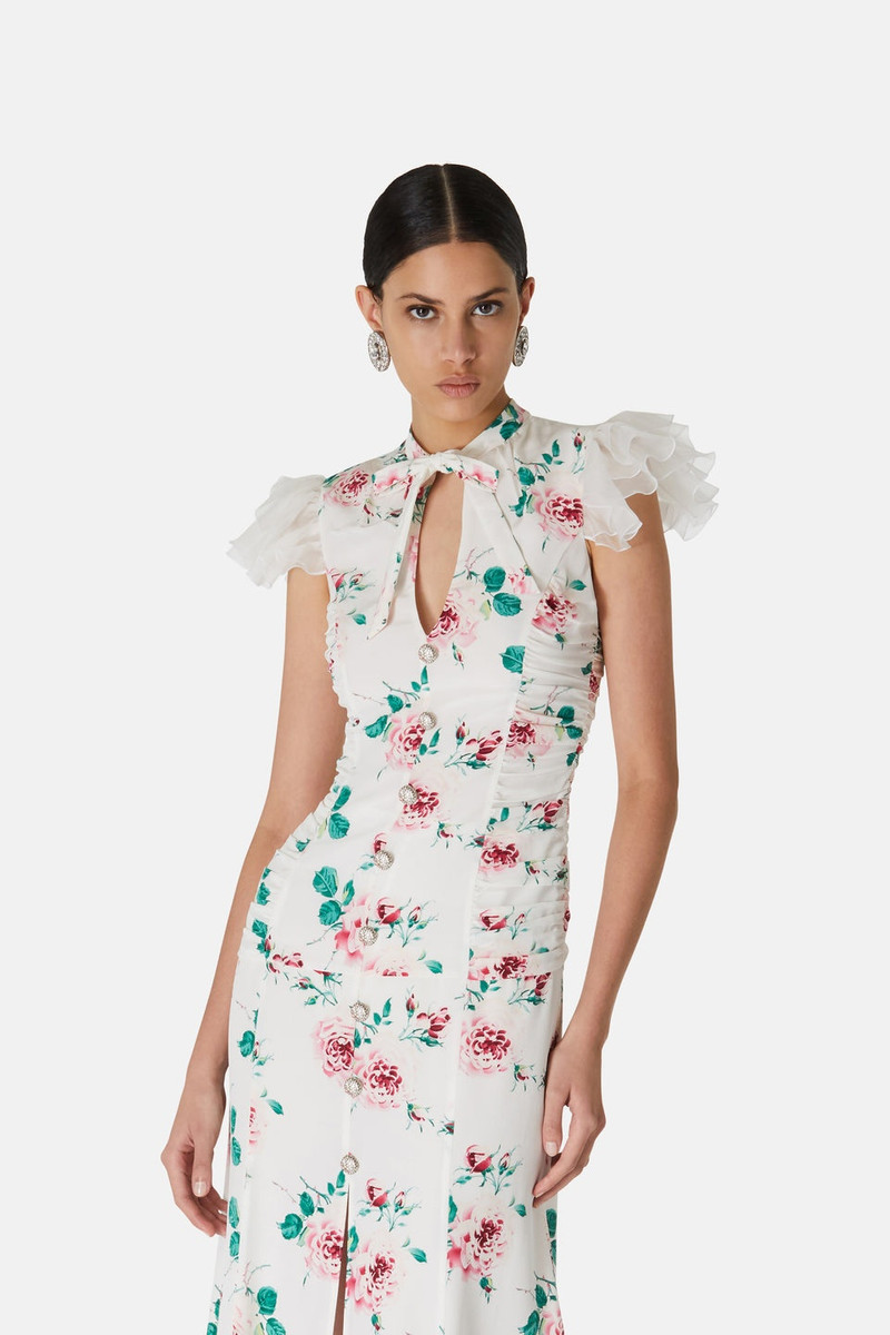 ROSE PRINT SILK DRAPED DRESS W/ ORGANZA SLEEVES 6