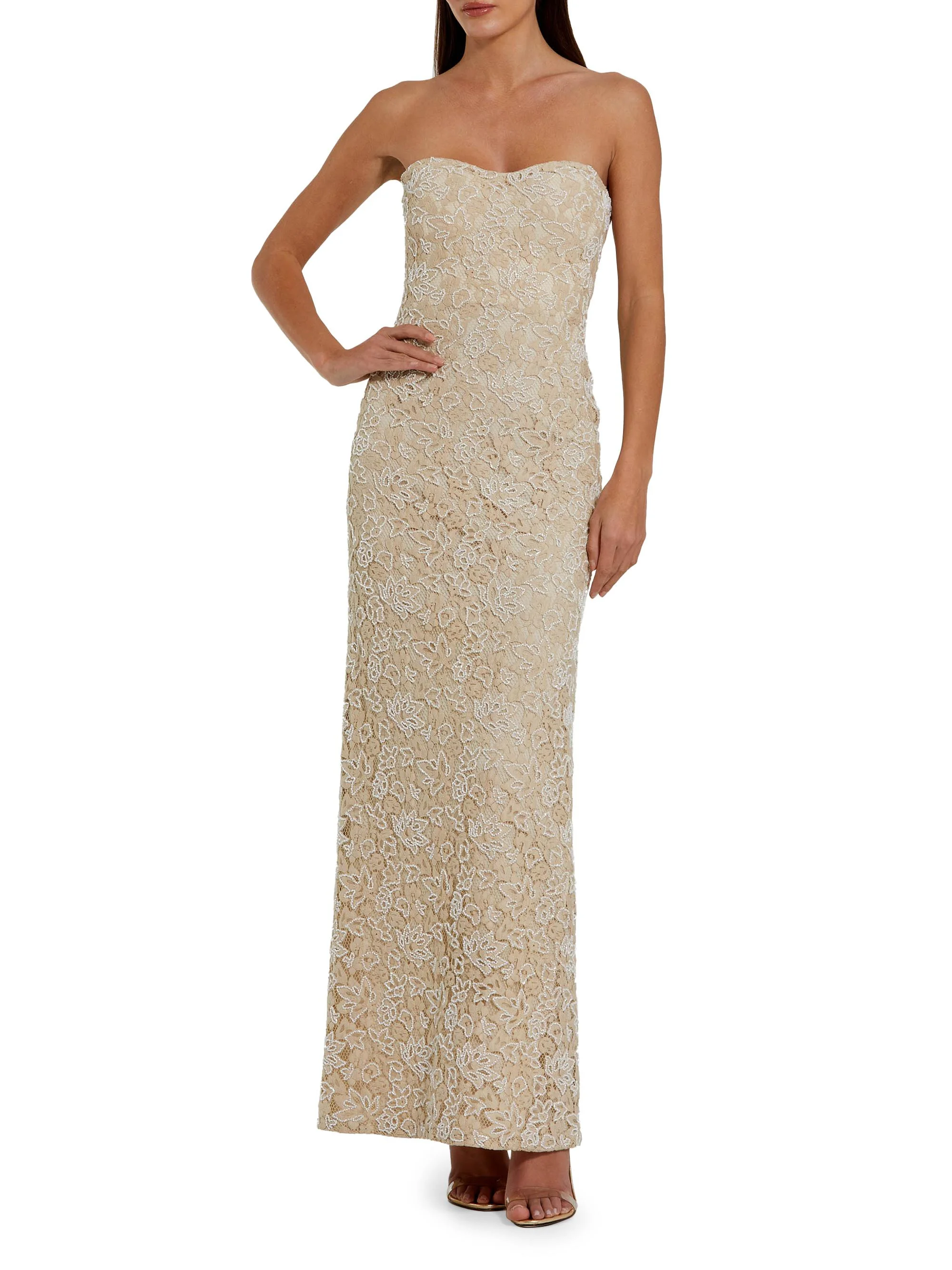 Women's Embellished Lace Strapless Sweetheart Gown - Beige - 1