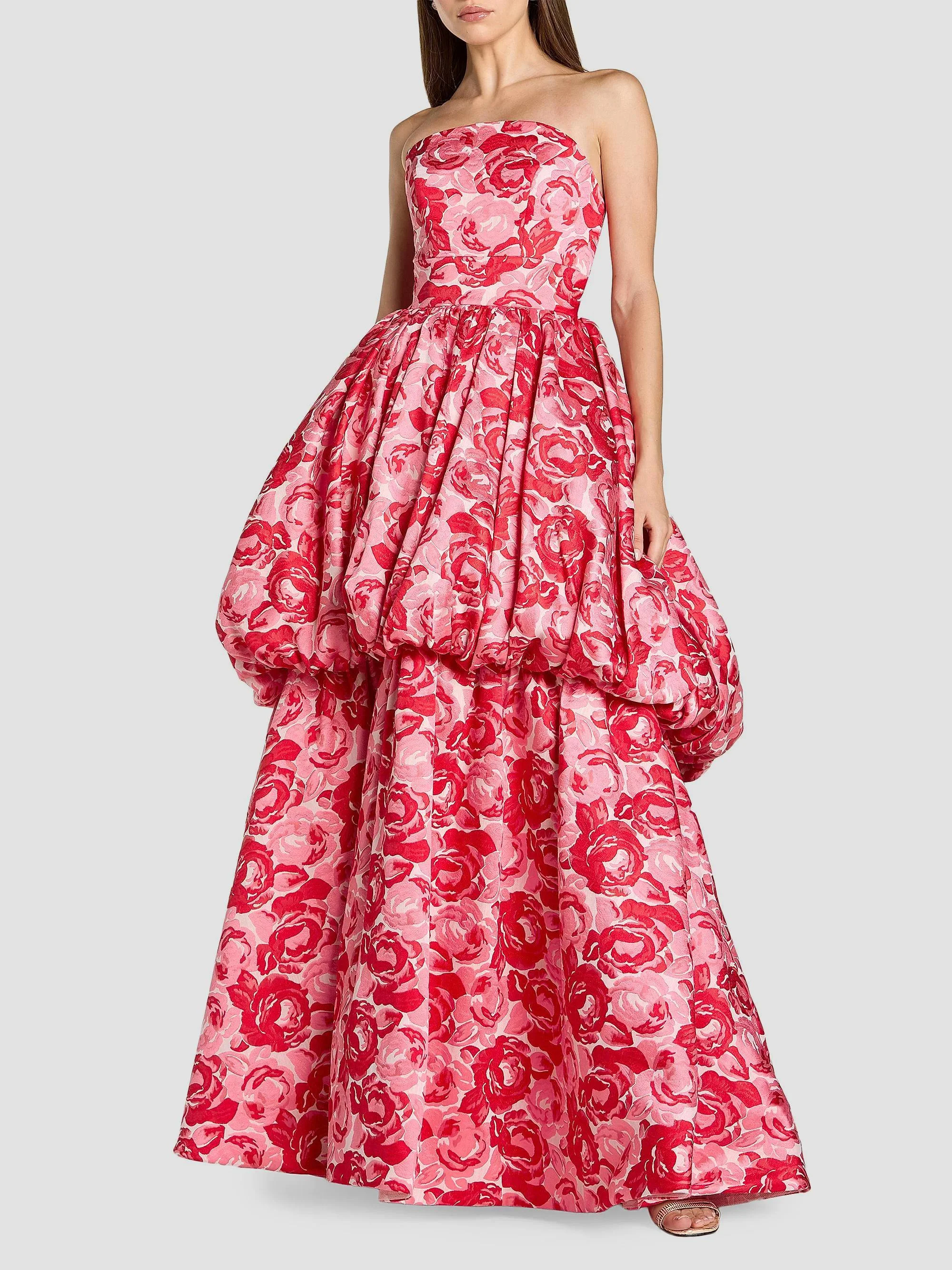 Women's Floral Brocade Bubble Hem Strapless Gown - Pink Multi - 1