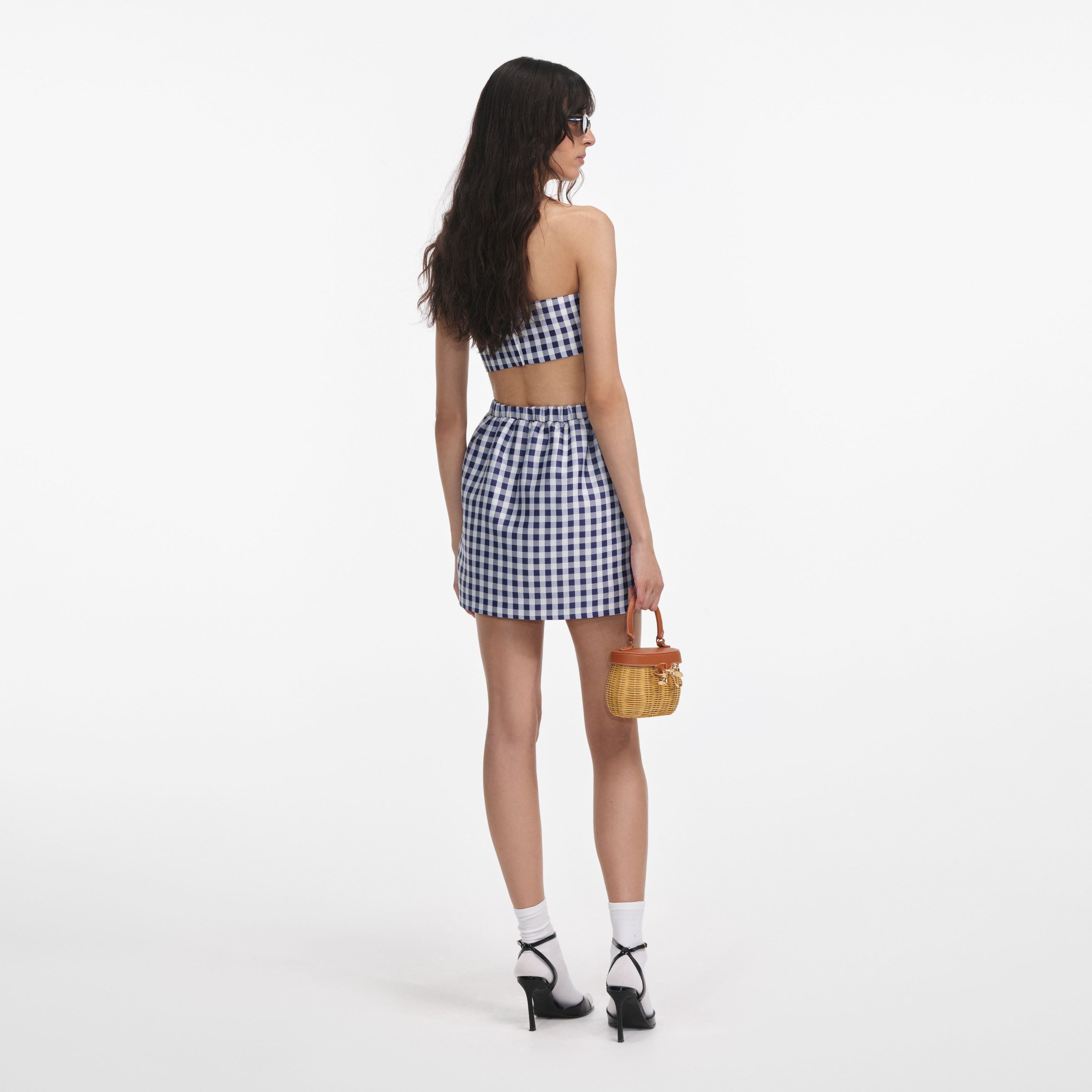 Navy Gingham Taffeta Mini Skirt - 3