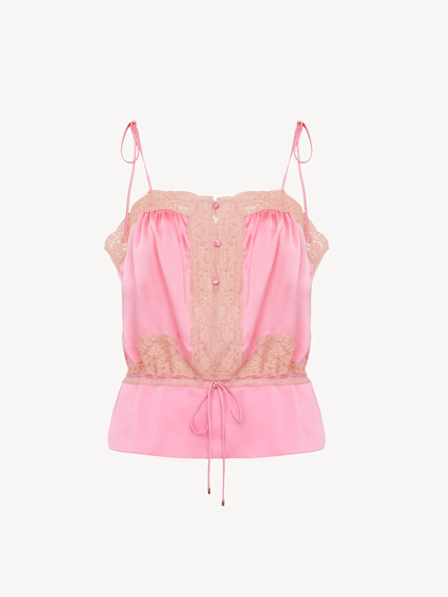 DRAWSTRING CAMISOLE TOP IN WASHED SILK SATIN & LACE - 1