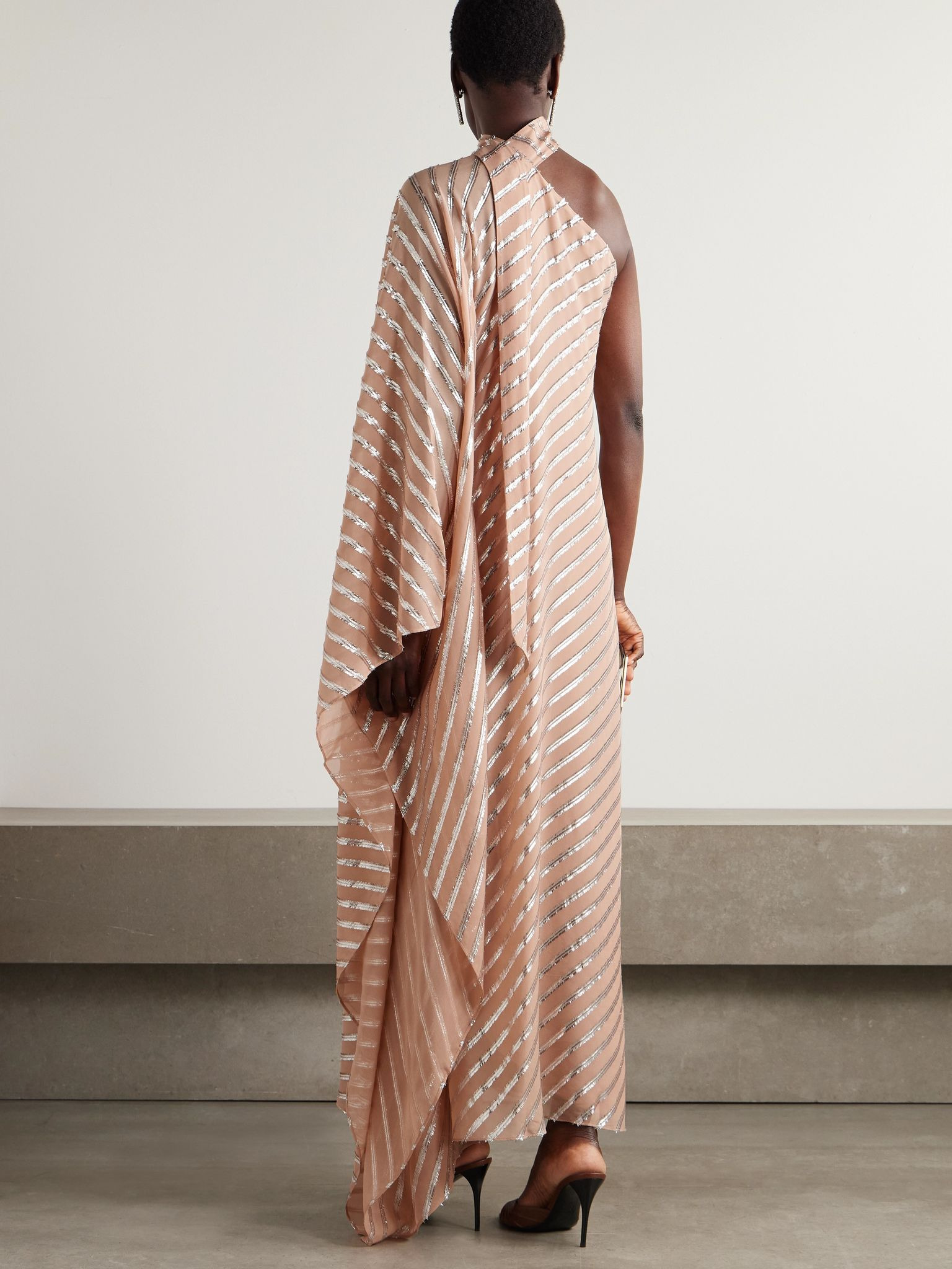 Petra one-sleeve fil coupé-trimmed silk-blend gown Blush - 3