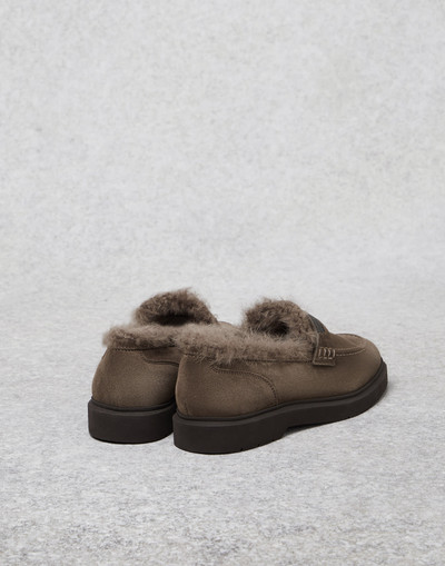 Brunello Cucinelli Suede penny loafers with shearling lining and precious insert outlook