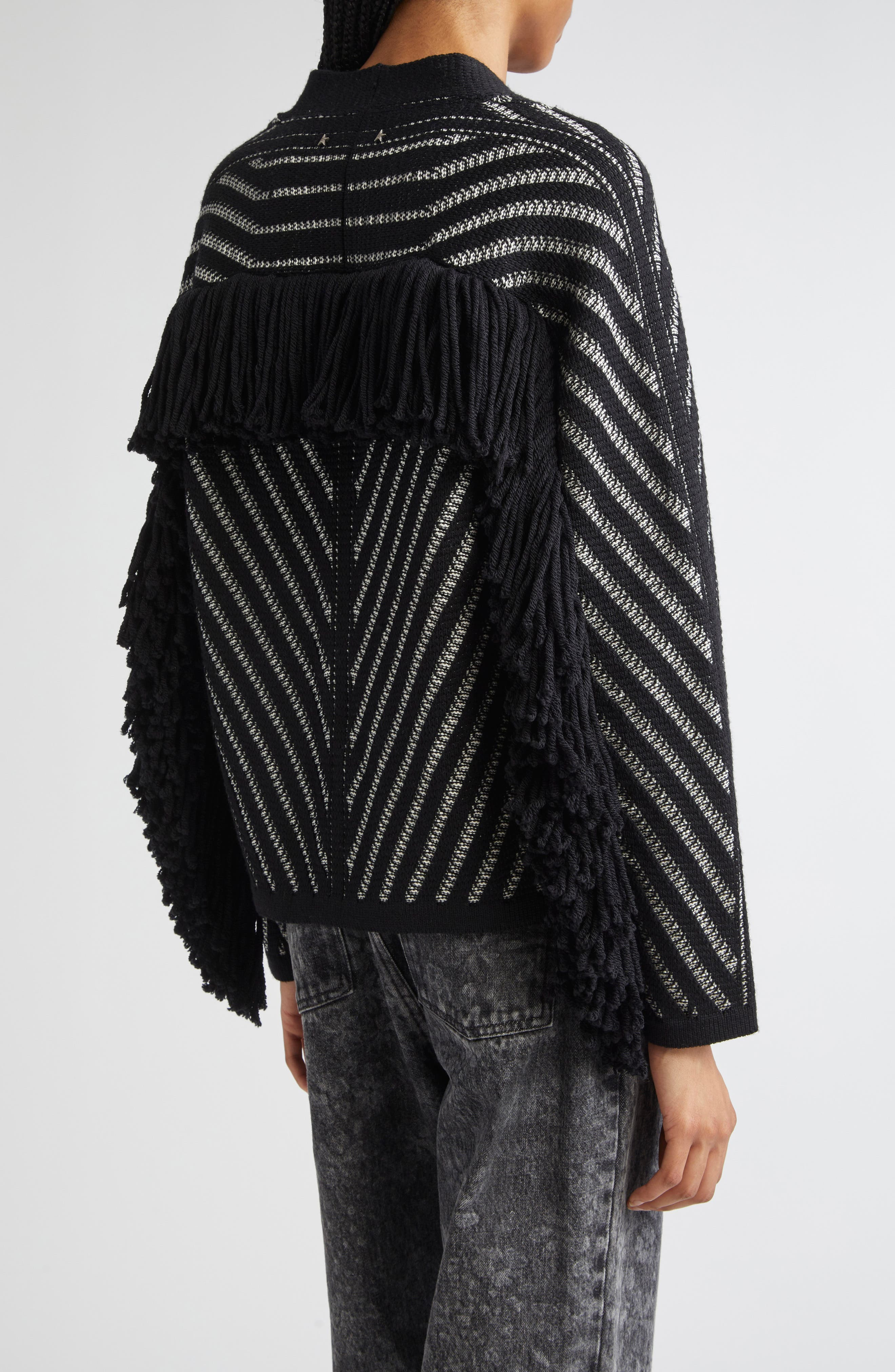Golden Goose Journey Olivia Fringe Trim Virgin Wool Cardigan in Black/White at Nordstrom - 3