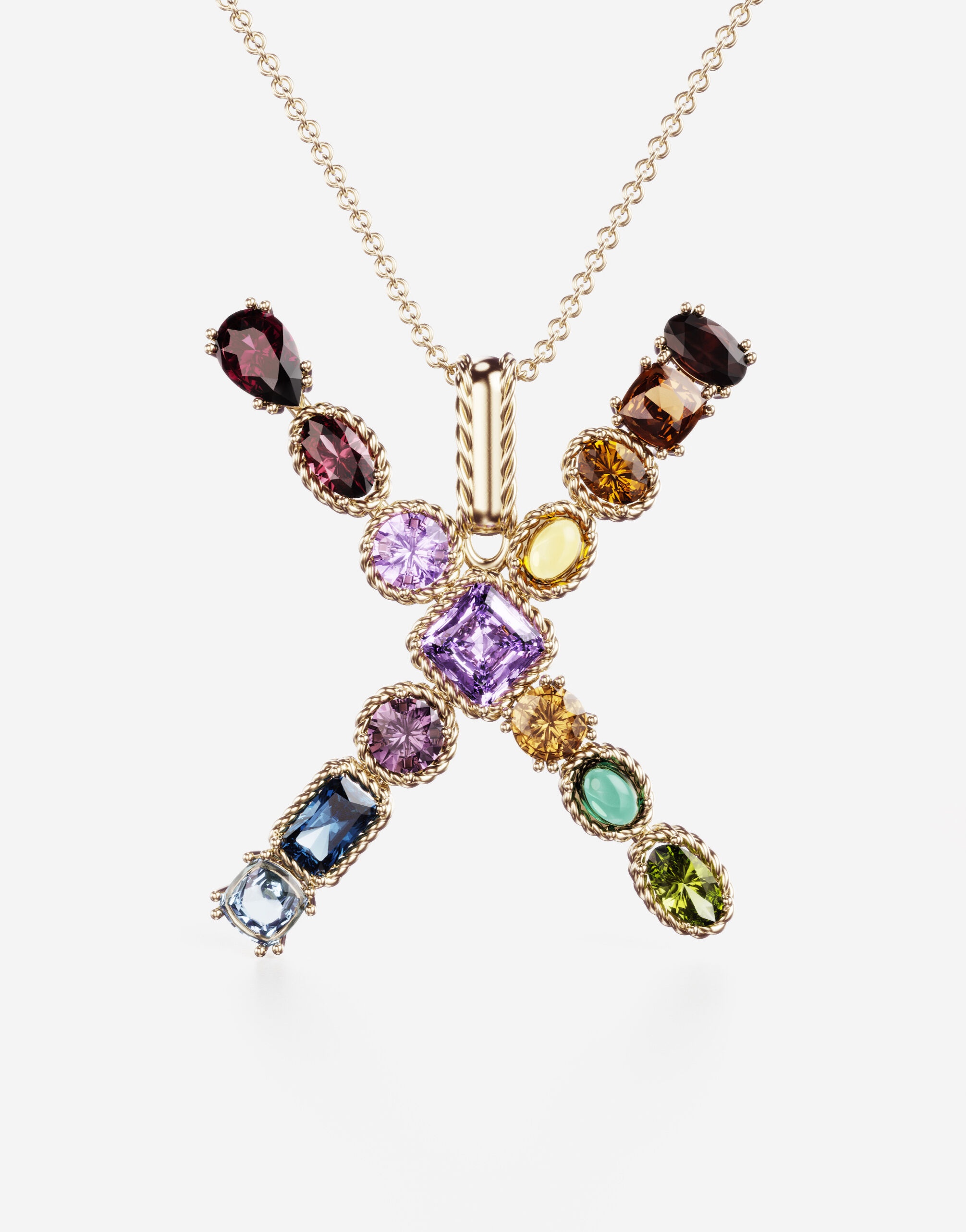 Rainbow alphabet X pendant in yellow gold with multicolor fine gems - 2