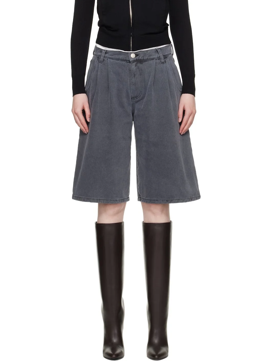 Gray Flower Rivet Denim Shorts - 1