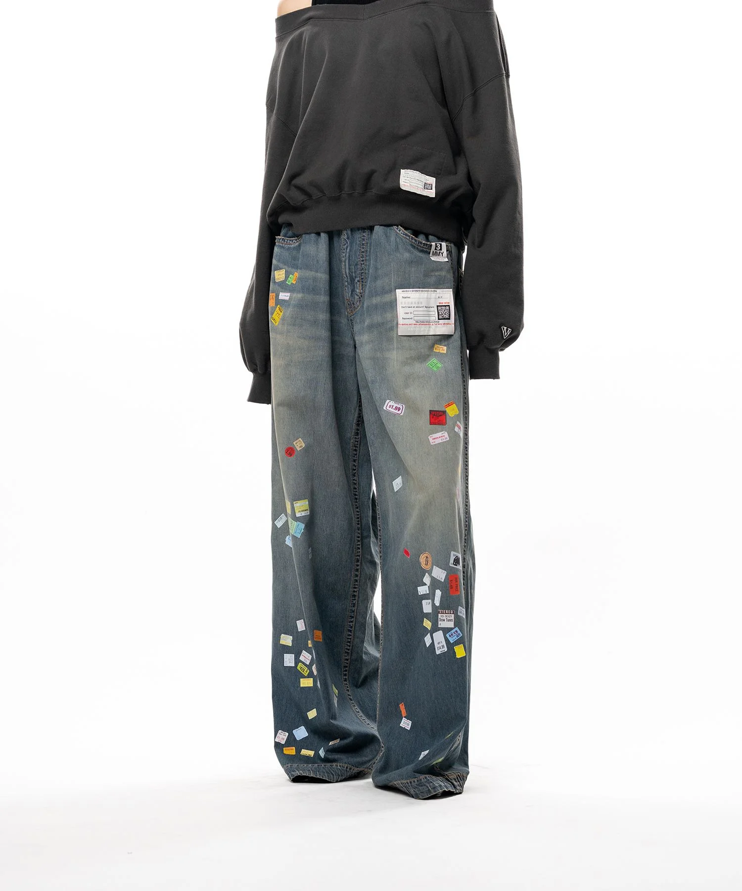 Price Tag Sticker Printed Wide Denim Pants - 1