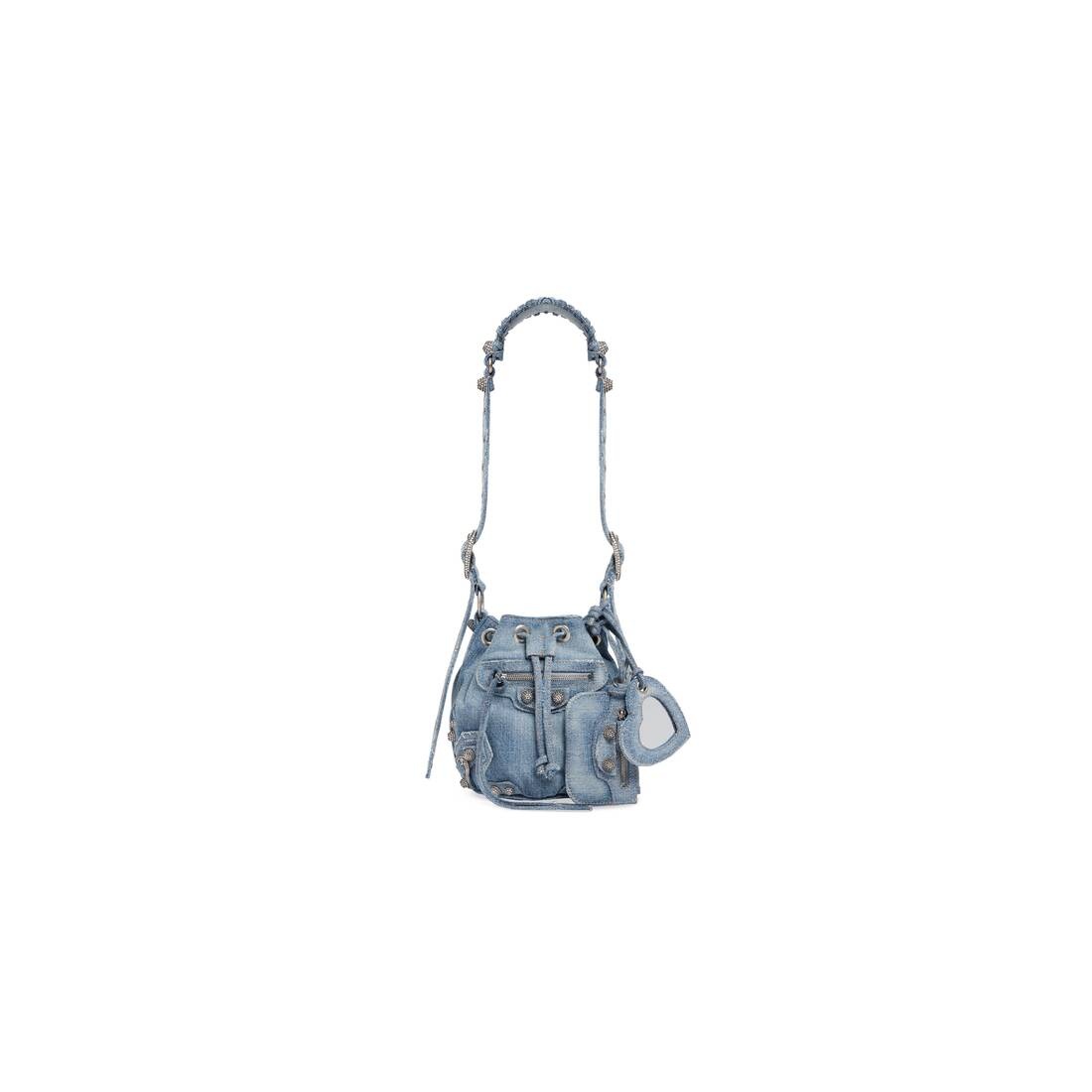 Women's Le Cagole Xs Bucket Bag In Denim With Rhinestones in Blue - 1