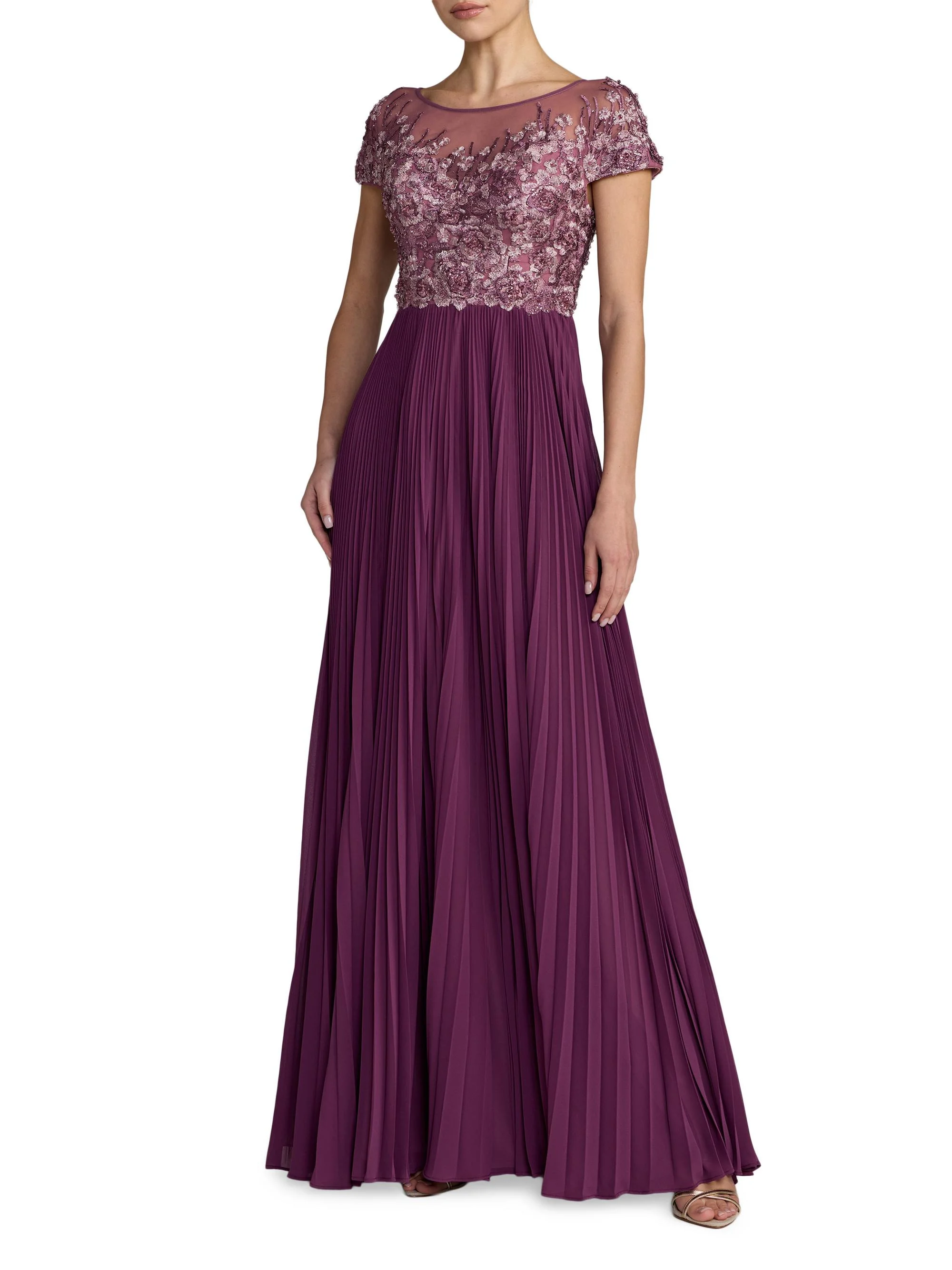 Women's Petite Floral-Embroidered Pleated Gown - Plum - 1