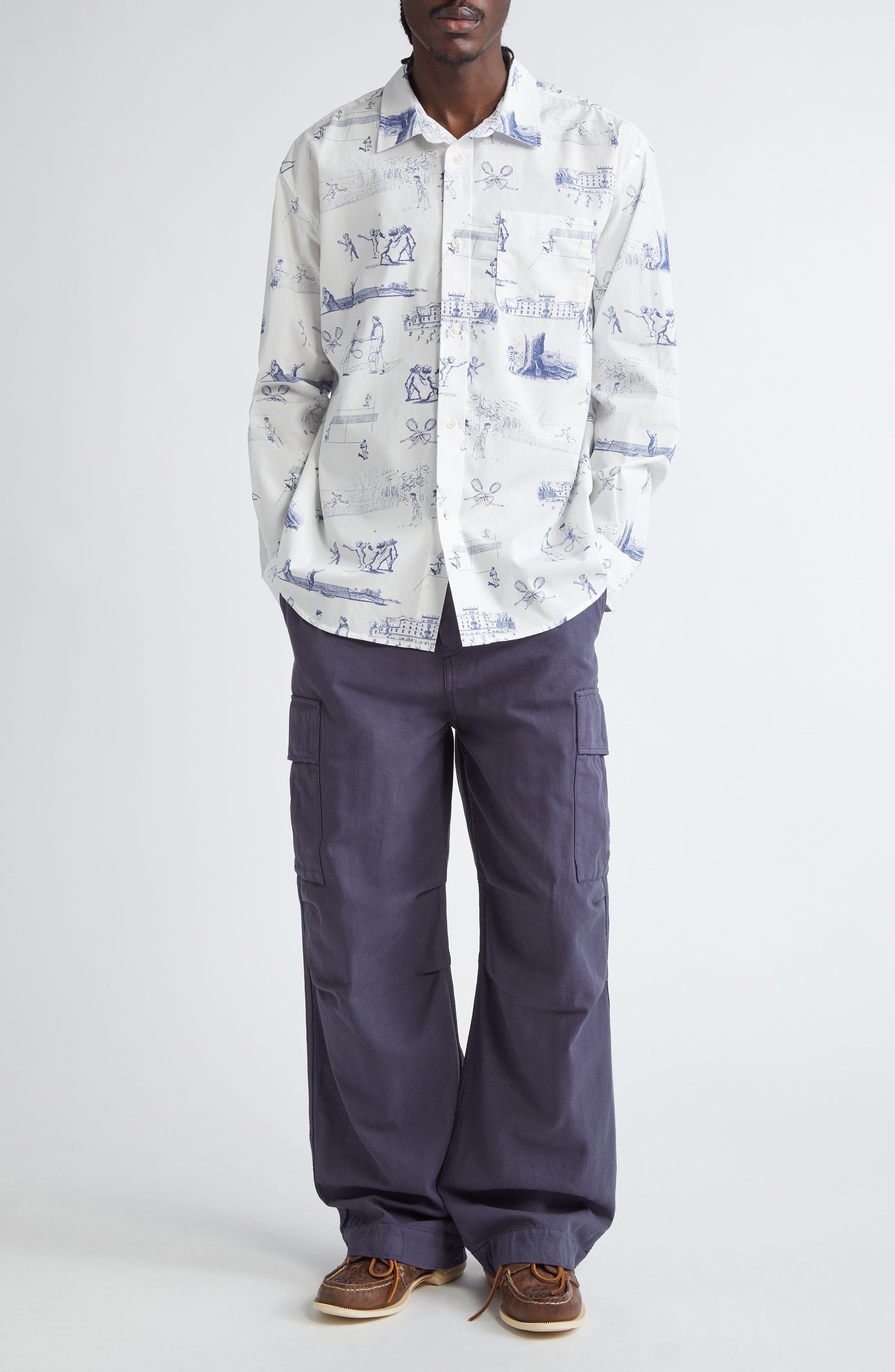 PALMES Tennis Print Cotton Poplin Button-Up Shirt in White at Nordstrom - 2