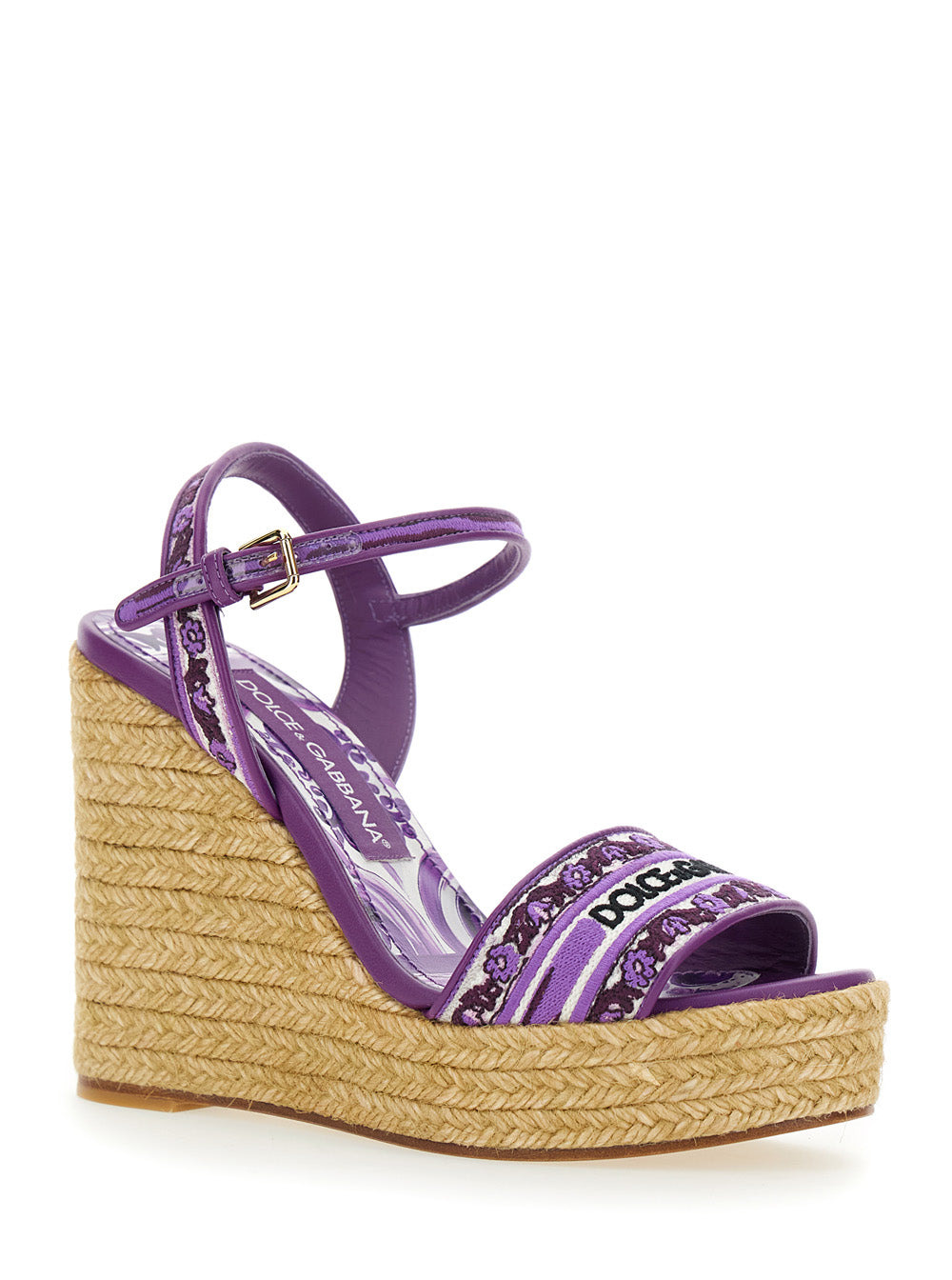 Dolce & Gabbana Women Violet Wedges With Logo Embroidery On The Front And All-Over Majolica Motif In - 2