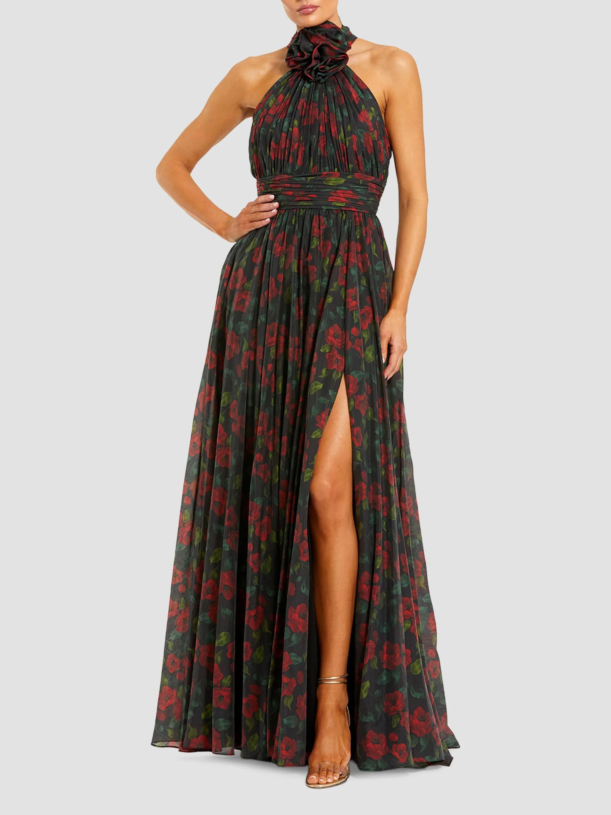 Women's Floral Chiffon High Neck Gown - Black Multi - 1