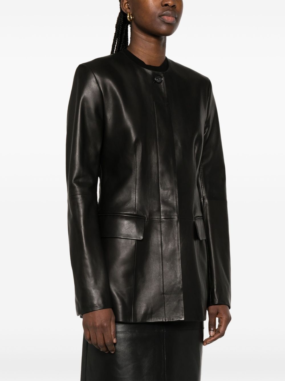 collarless leather jacket - 3