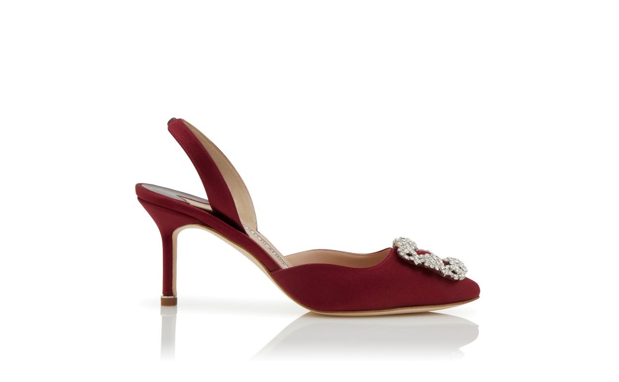 Dark Red Satin Jewel Buckle Slingback Pumps - 1