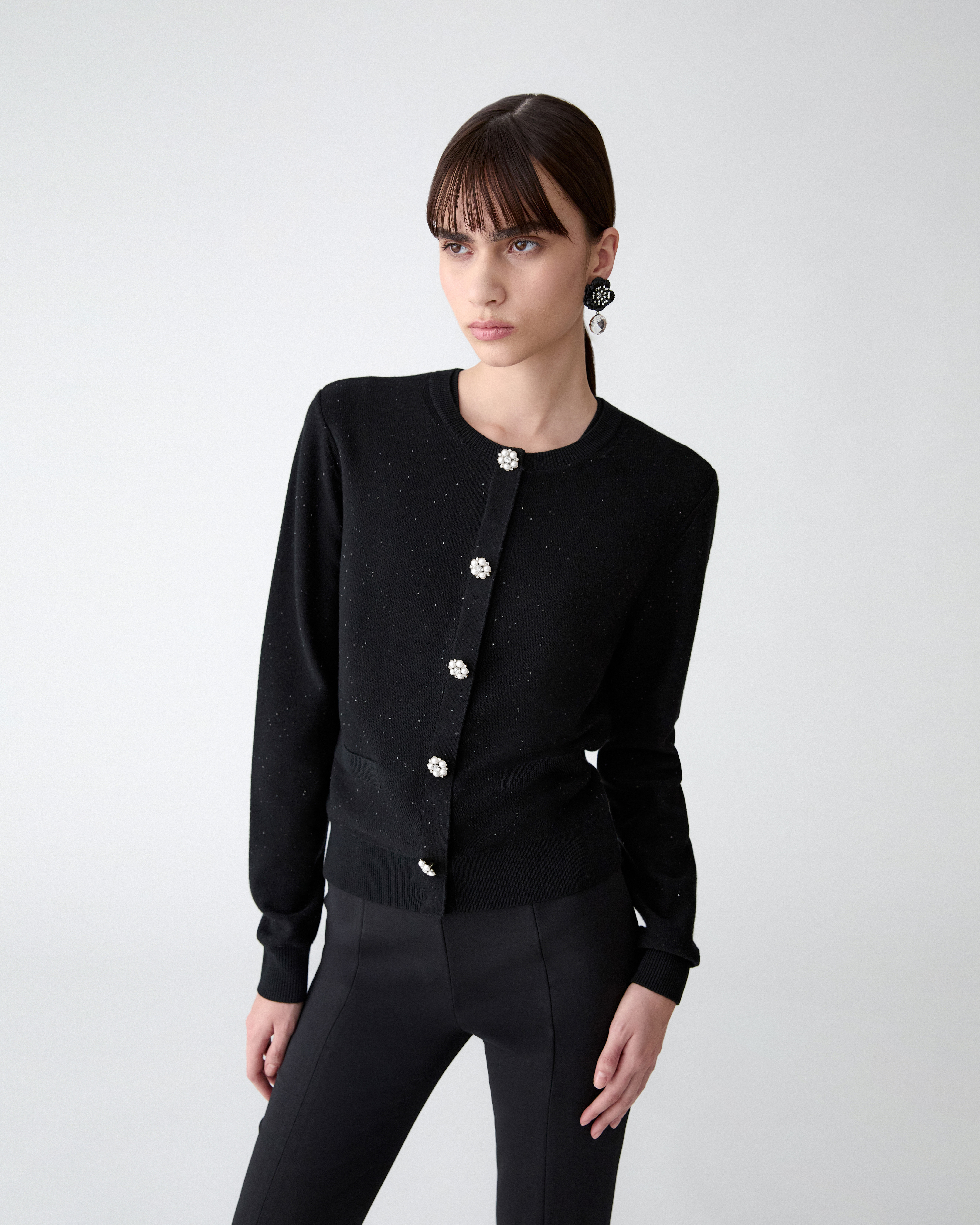 Sequined Cardigan with Pearl Buttons - 2