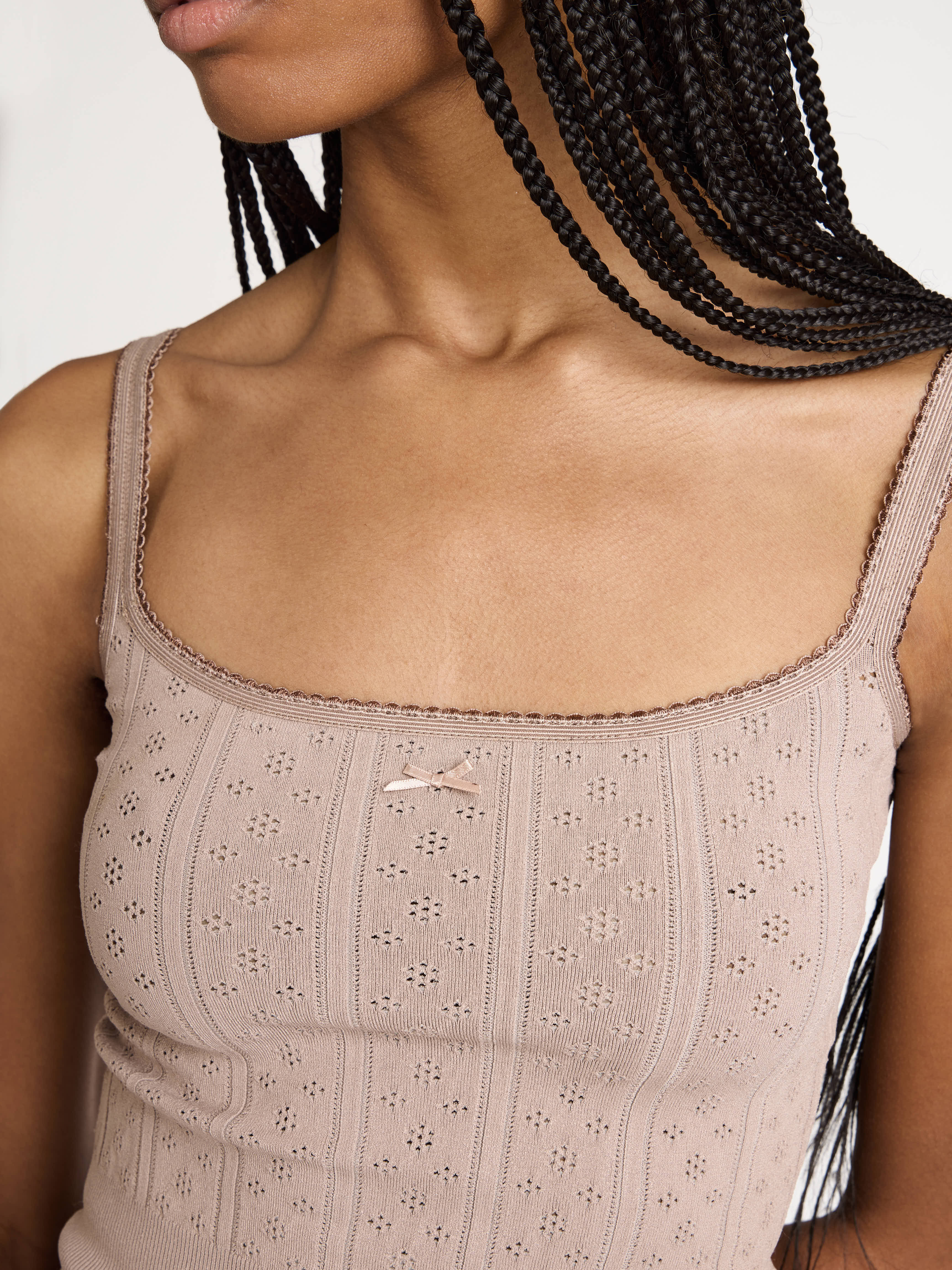 KNITTED POINTELLE CAMI TOP IN TAUPE - 6