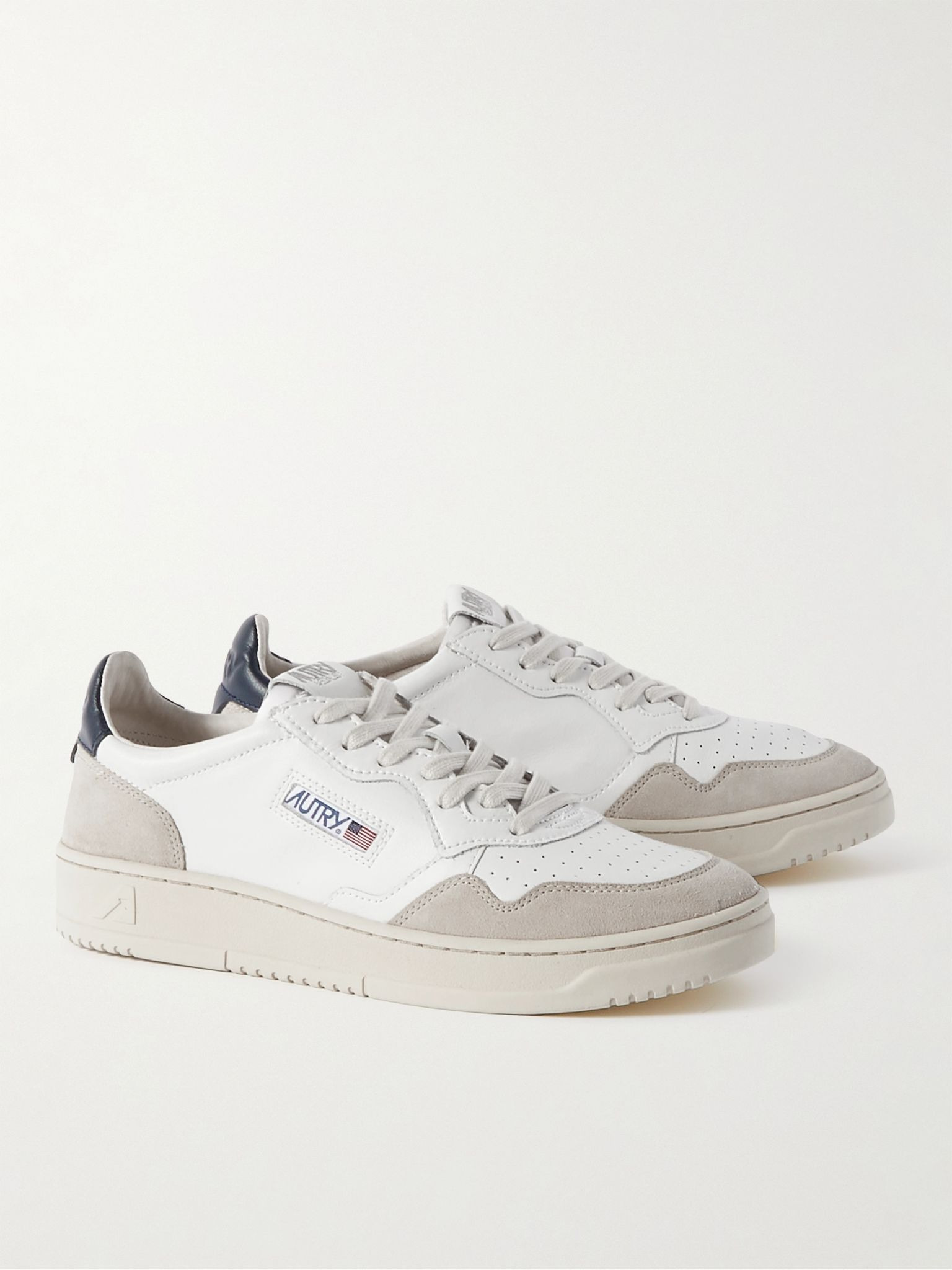 Suede-Trimmed Perforated Leather Sneakers Beige - 4
