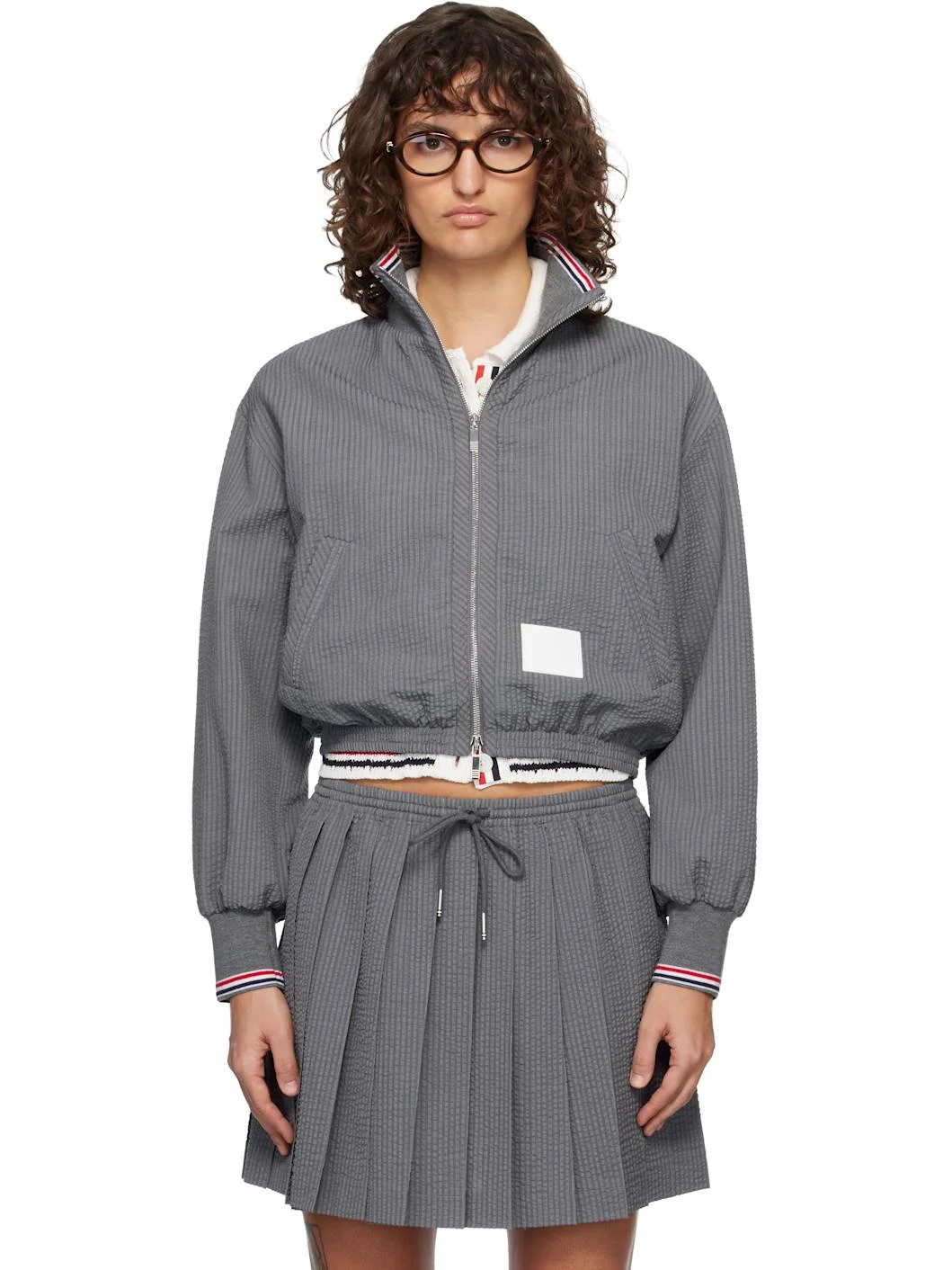 Gray Wool Seersucker Zip Up Track Jacket - 1