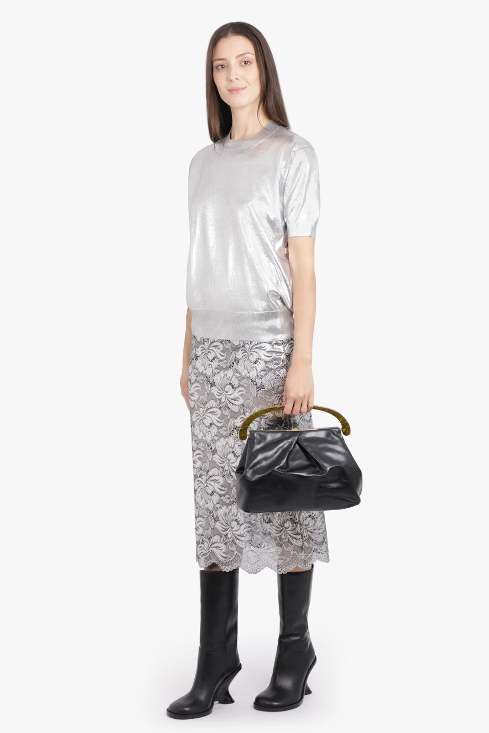 METALLIC LACE STRAIGHT MIDI SKIRT | SILVER - 7