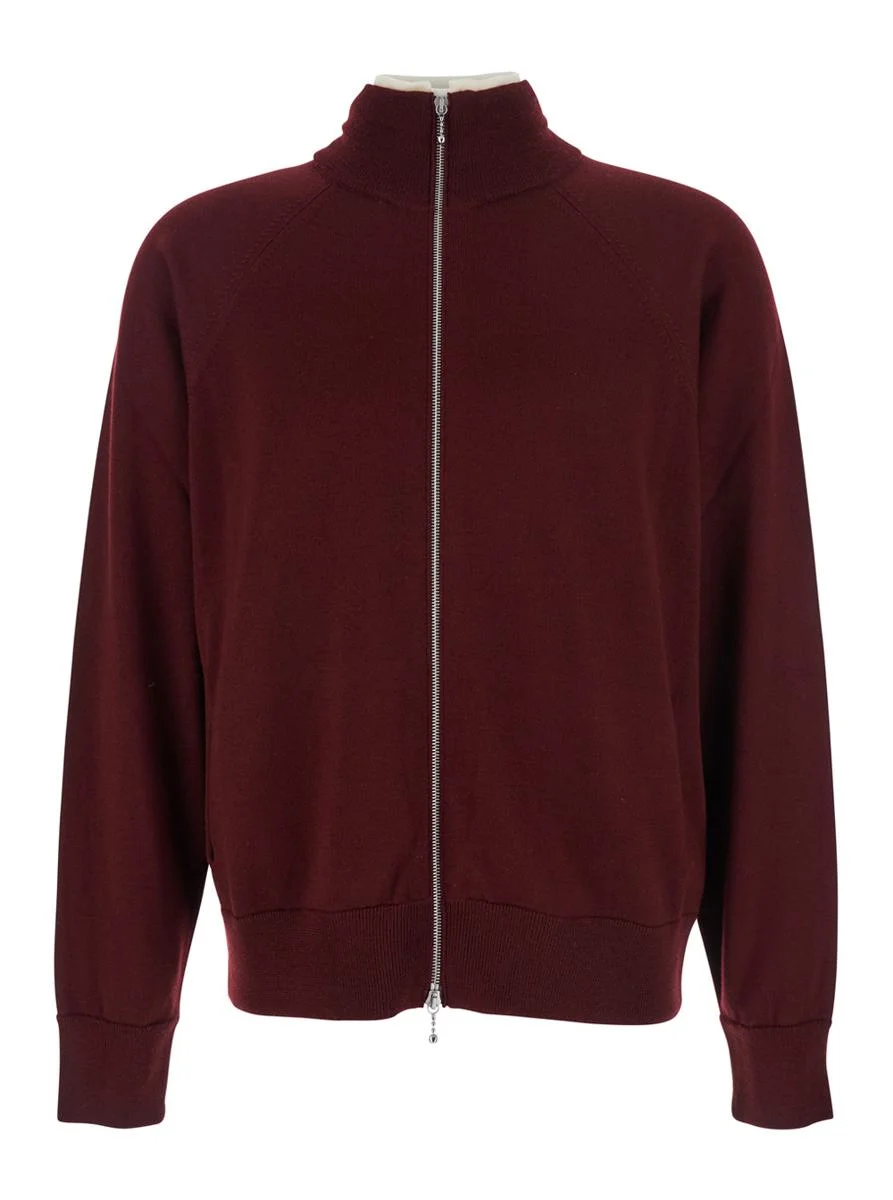 Jil Sander Bordeaux Cardigan With High Neck And Front Zip Closure In Wool Man - 1