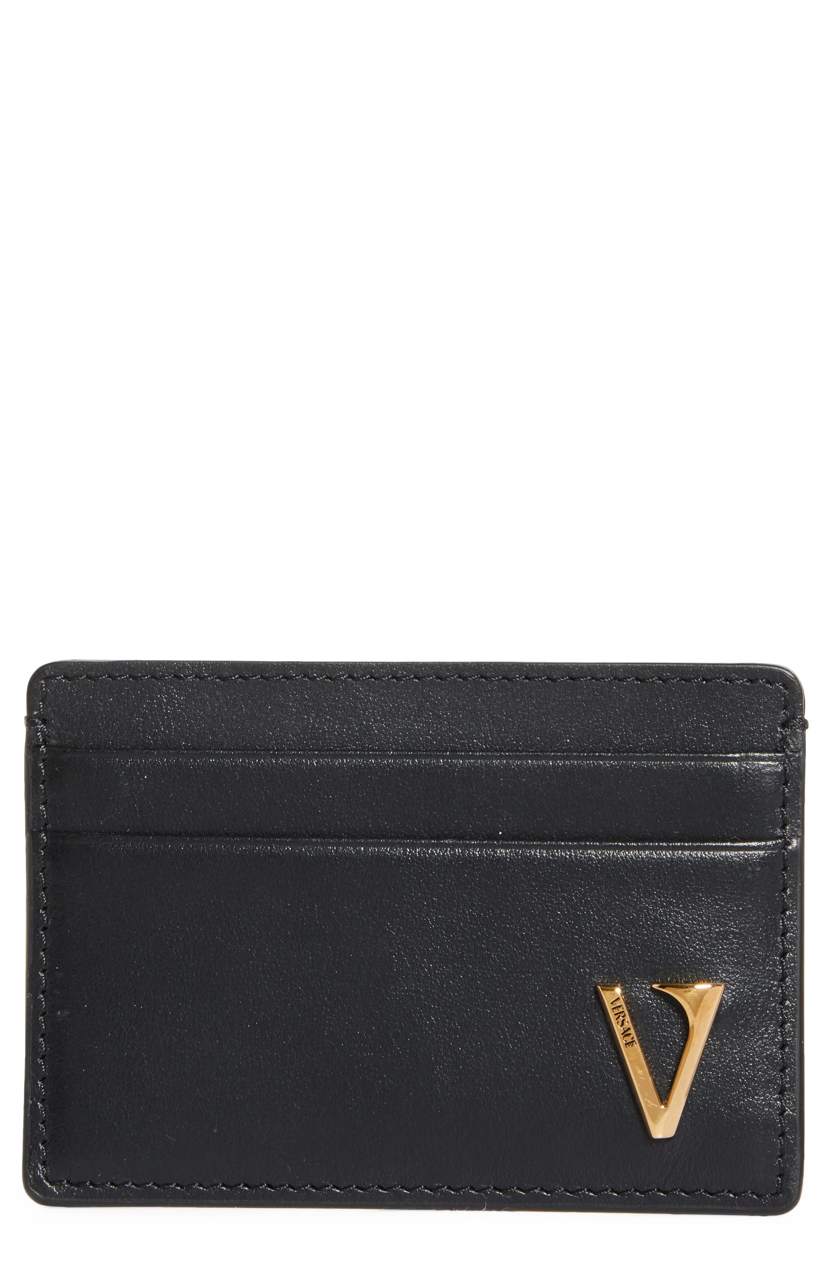 Versace V-Emblem Leather Card Case in Black-Versace Gold at Nordstrom - 1
