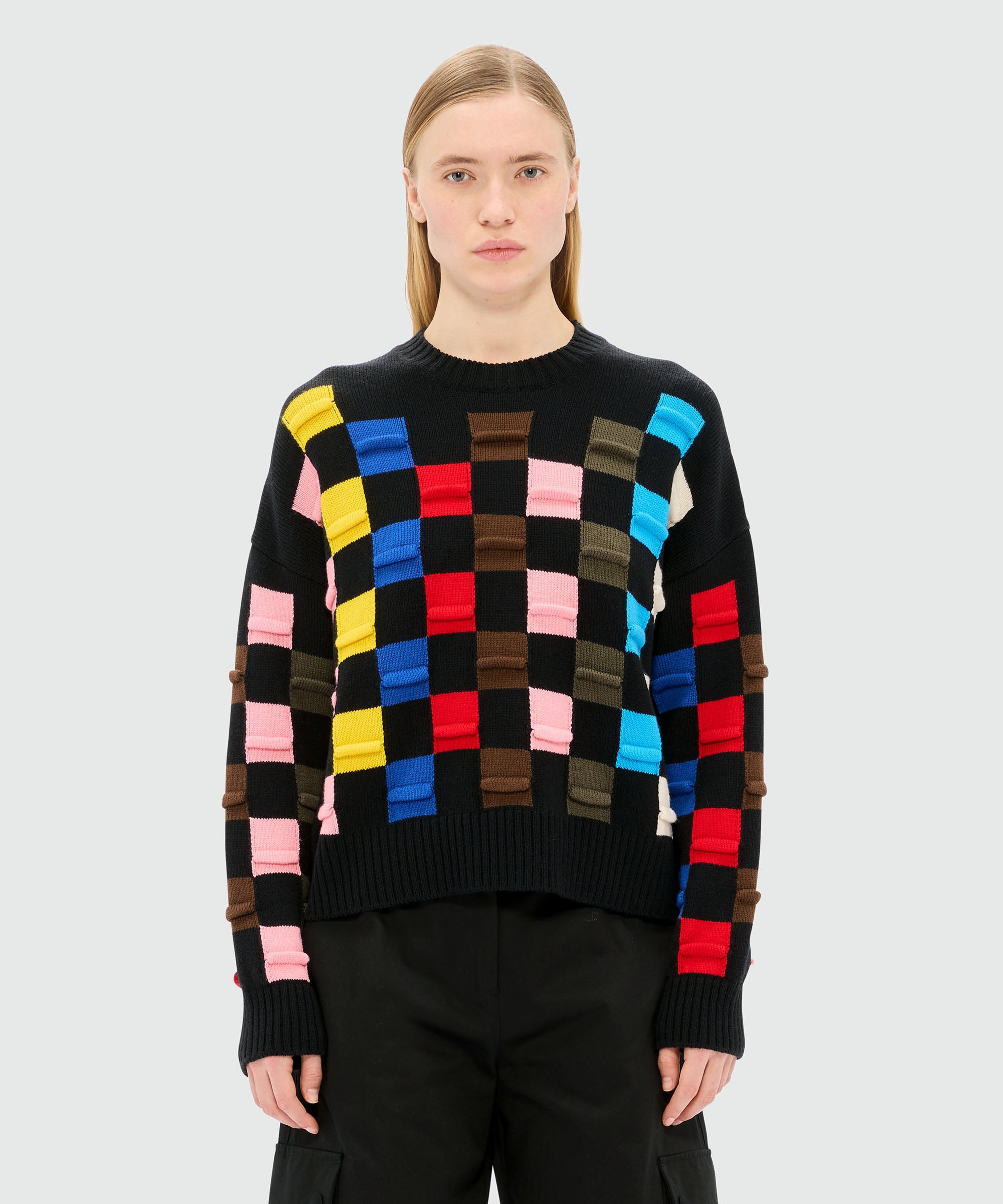 Black sweater with multicolor 3D checkerboard pattern - 2