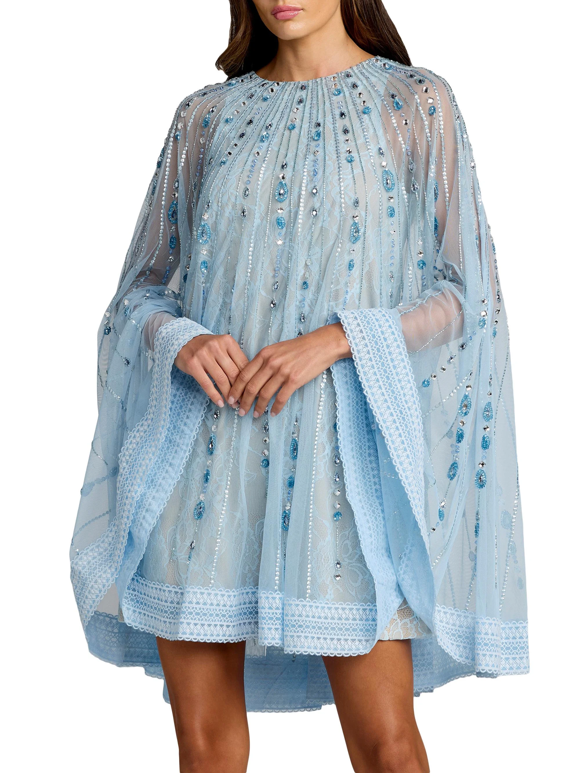 Women's Embellished Lace A-Line Trapeze Minidress - Powder Blue Beige - 1