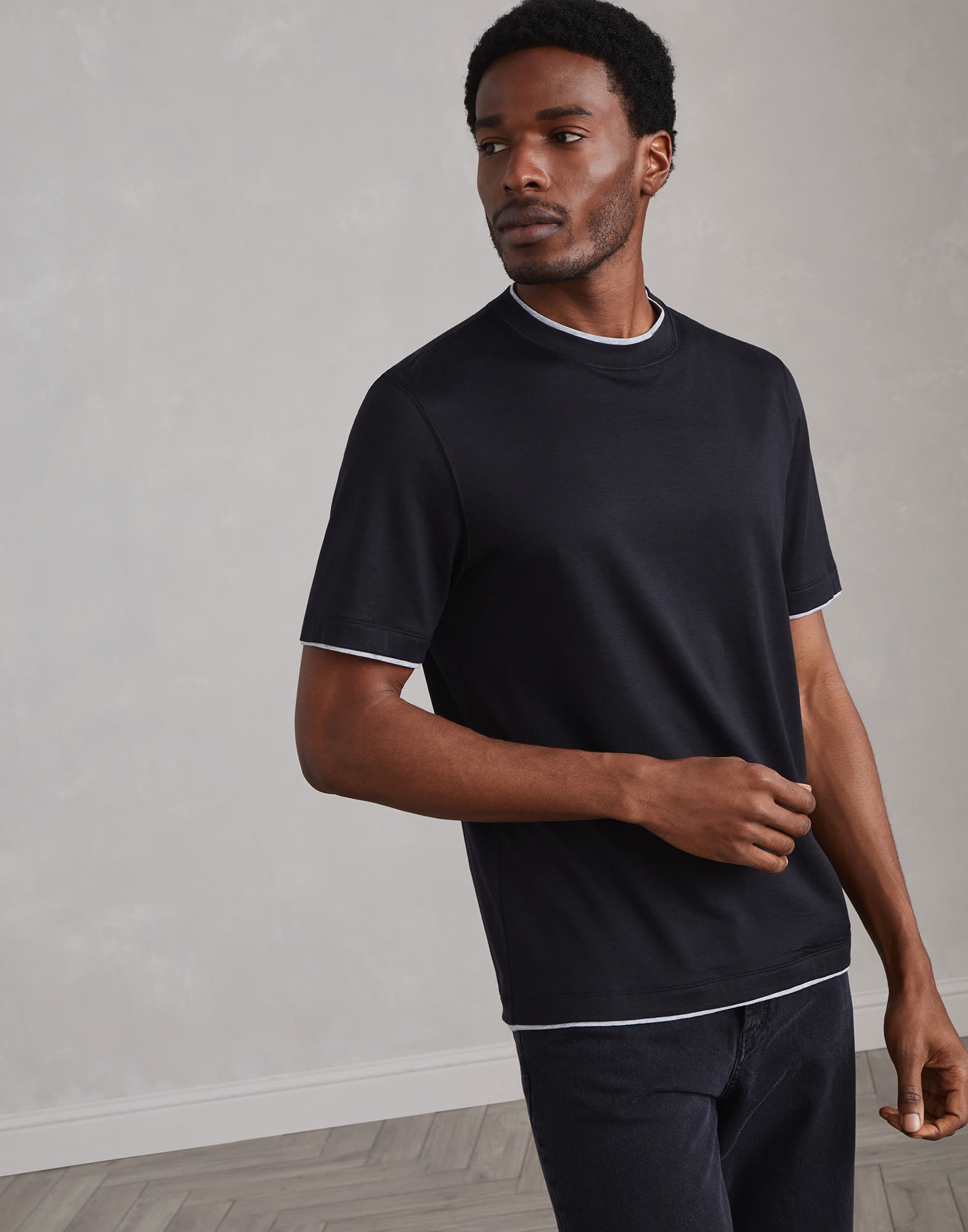 Silk and cotton lightweight jersey crew neck T-shirt with faux-layering - 1