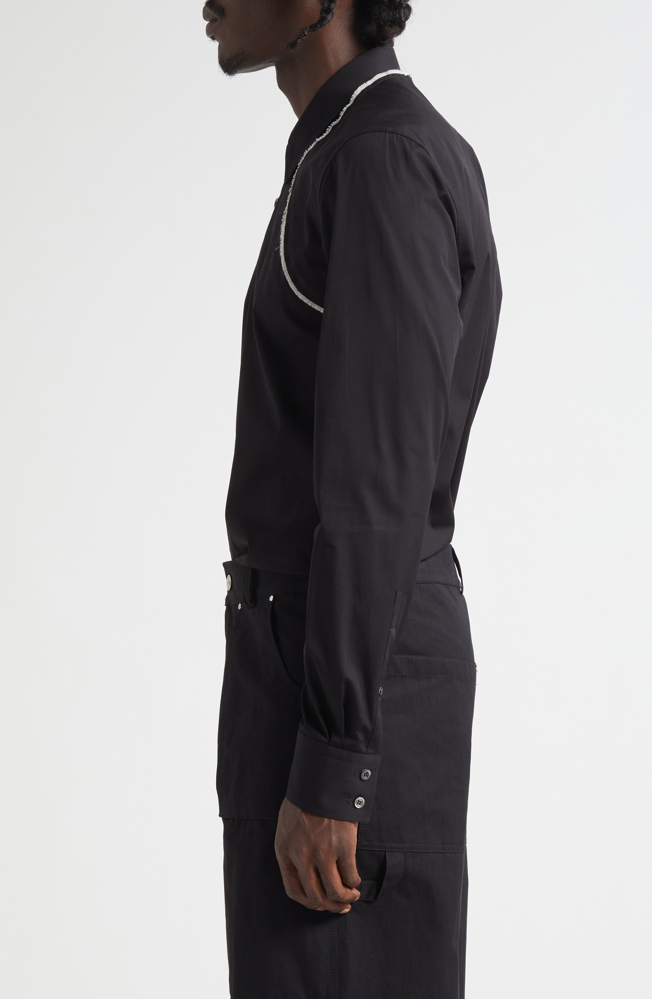 McQueen Raw Edge Harness Cotton Popling Button-Up Shirt in Black at Nordstrom - 4