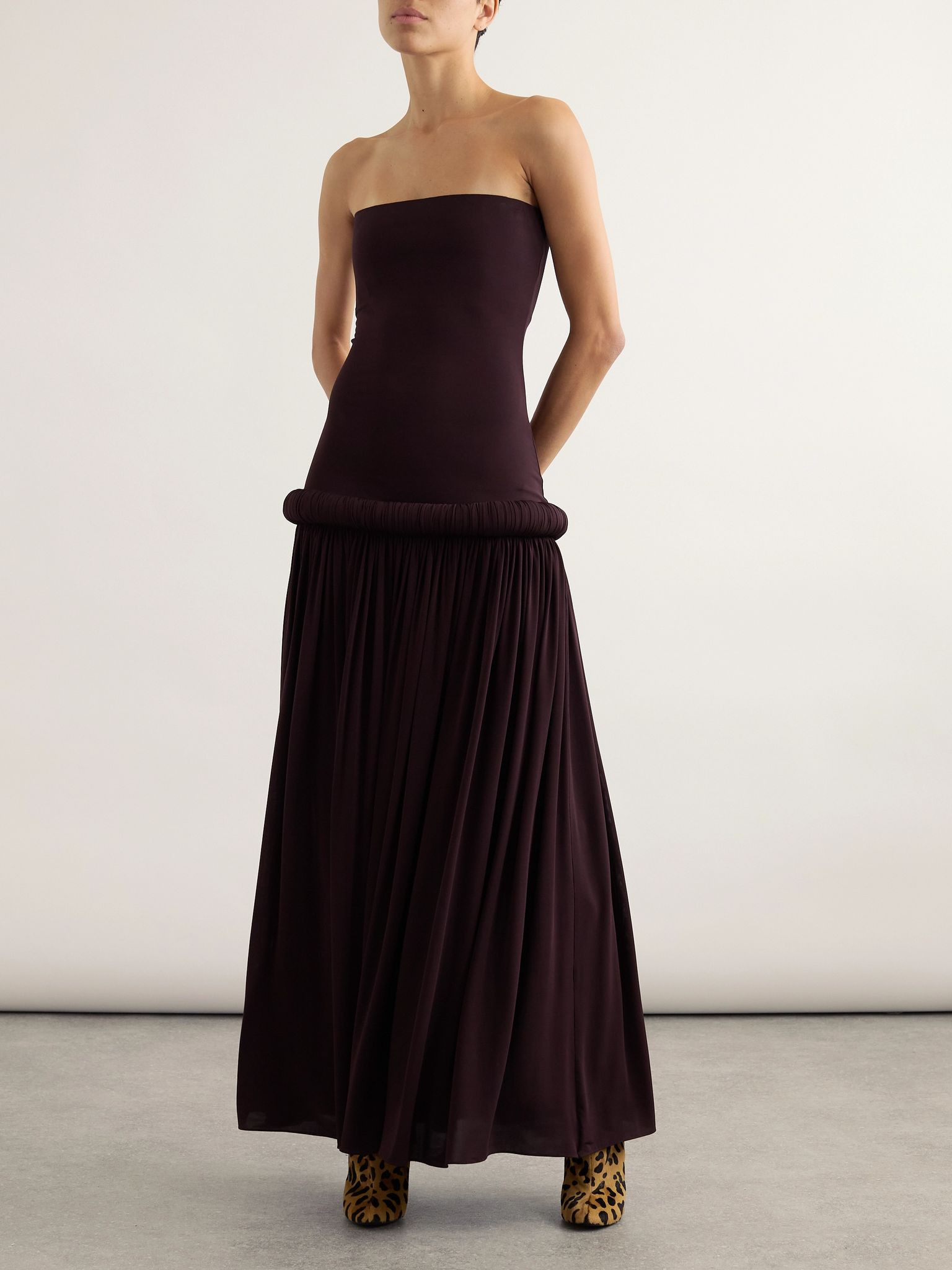 Strapless pleated stretch-jersey midi dress Burgundy - 2