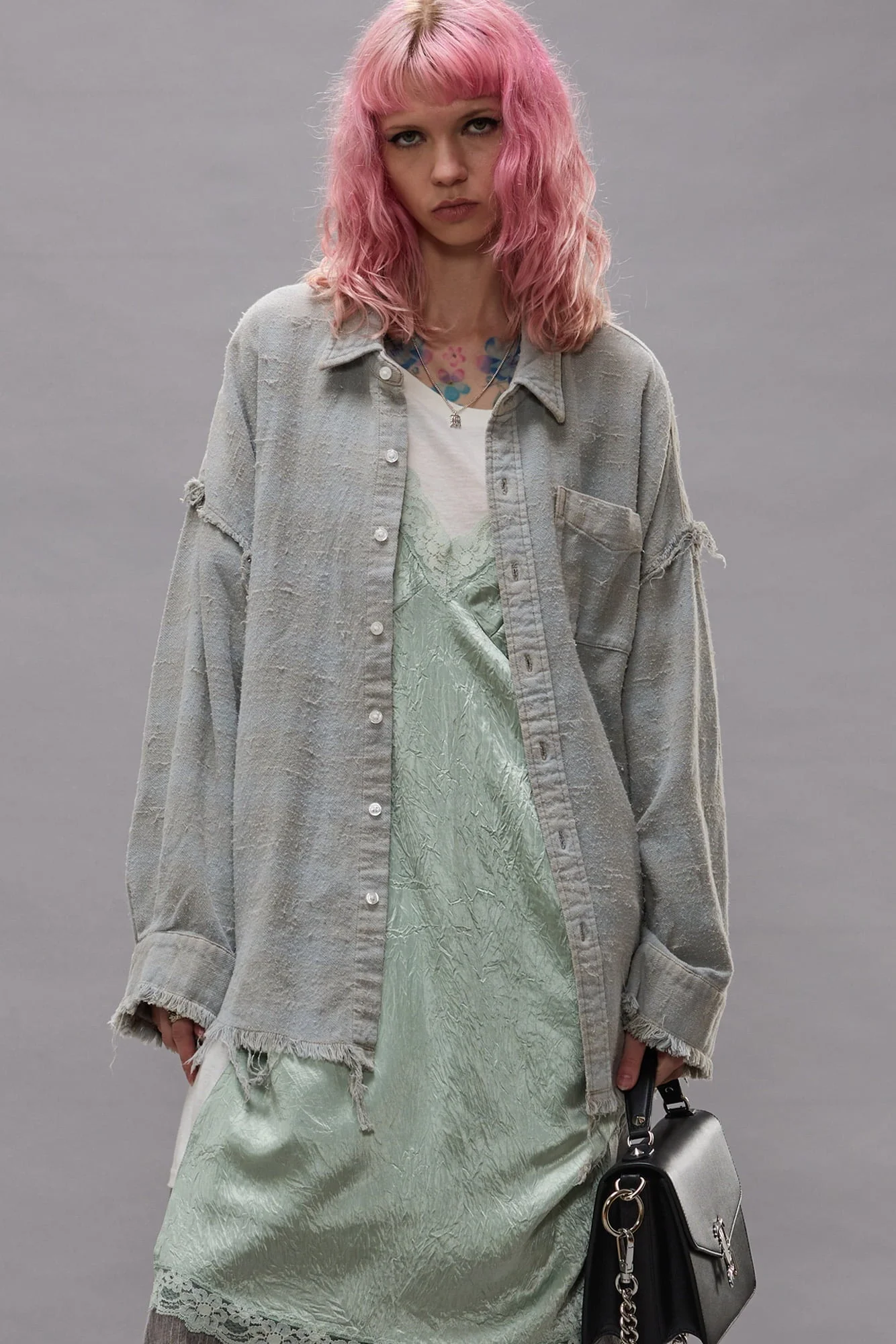 Shredded Seam Drop Neck Shirt - 1